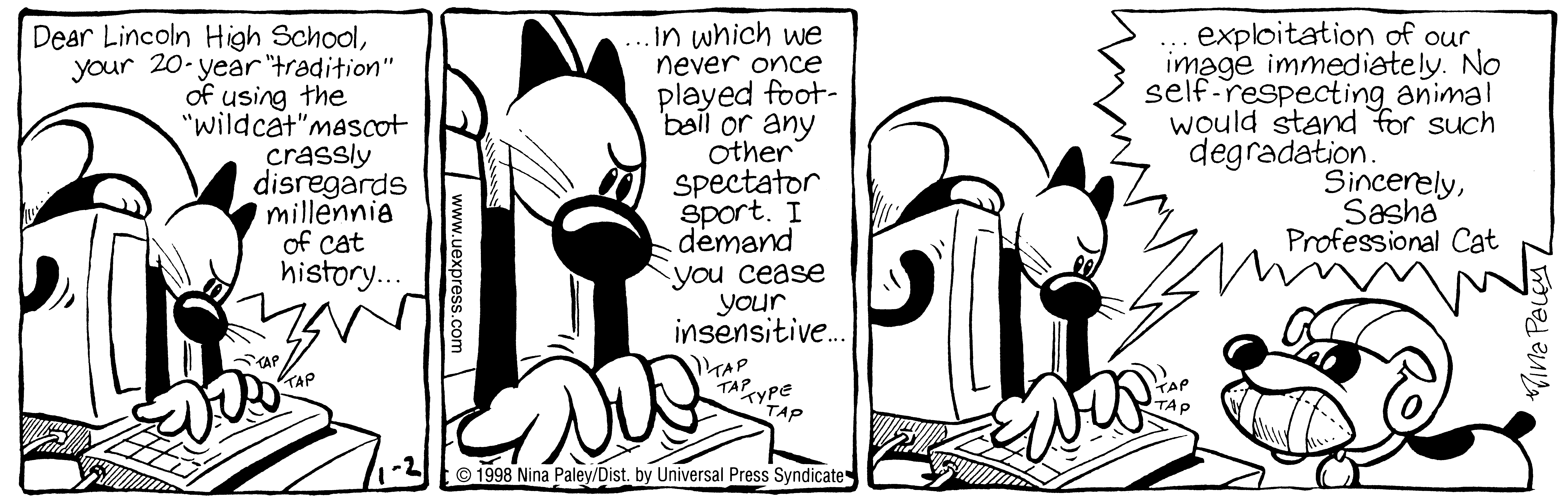 Fluff daily strip, Jan 2, 1998. Nina Paley, CC BY-SA 3.0 US. Print master from https://archive.org/details/FluffComicStrips (TIFF converted losslessly to PNG for the web).