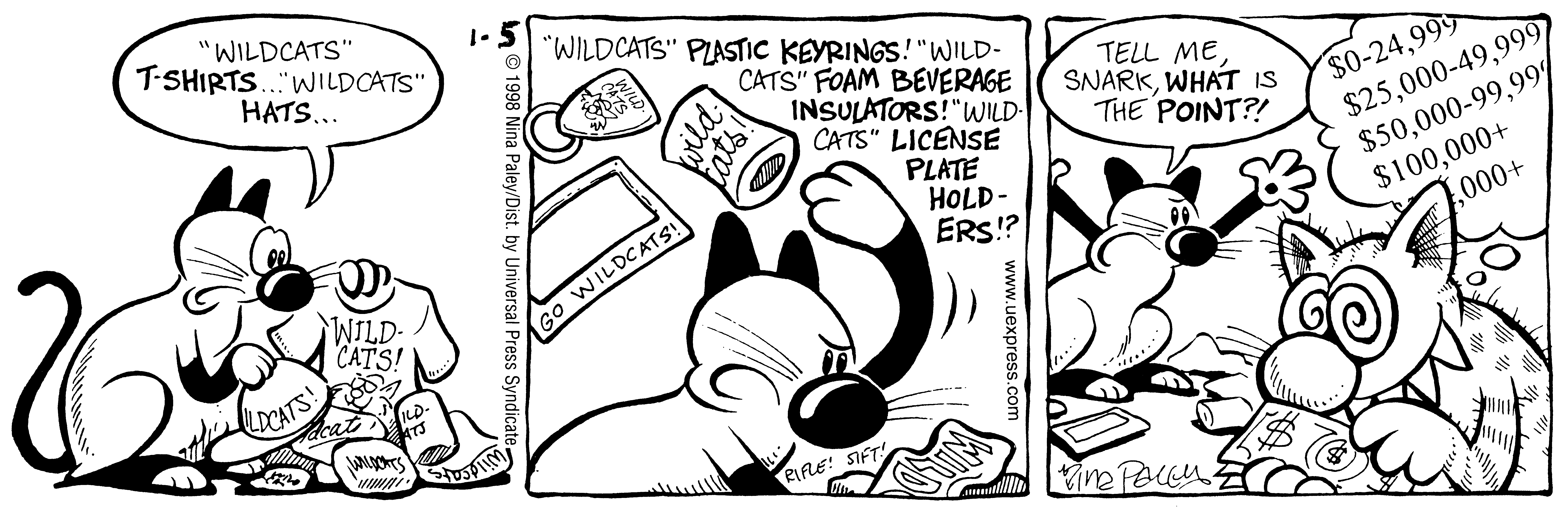 Fluff daily strip, Jan 5, 1998. Nina Paley, CC BY-SA 3.0 US. Print master from https://archive.org/details/FluffComicStrips (TIFF converted losslessly to PNG for the web).