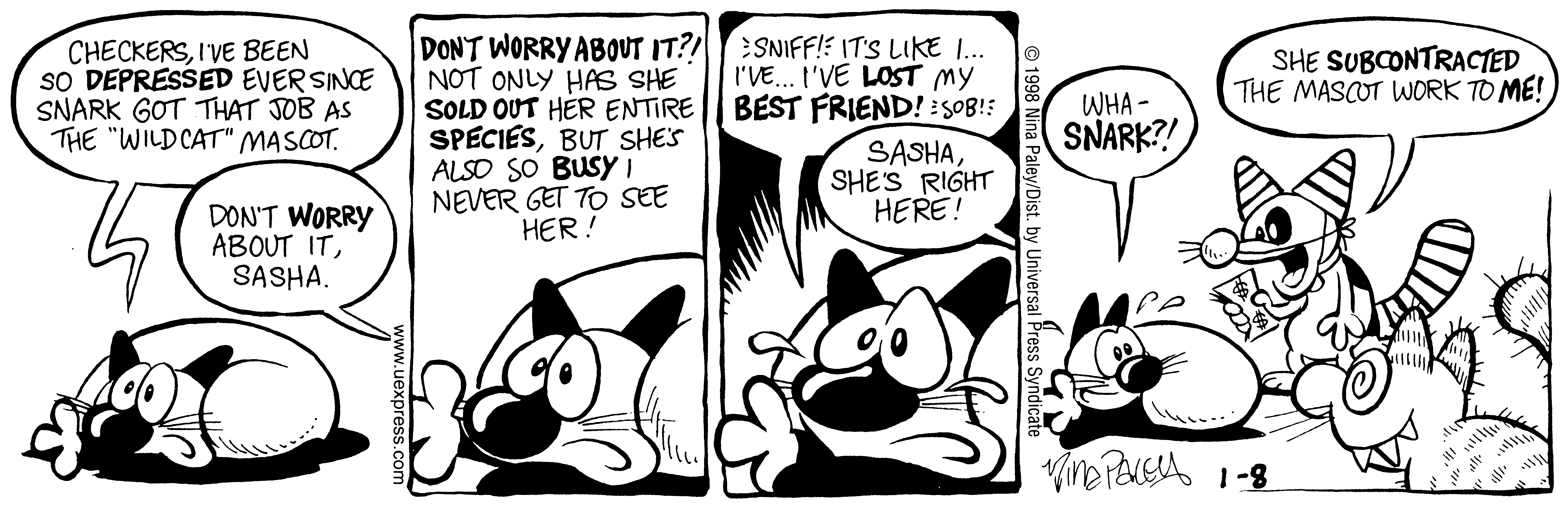 Fluff daily strip, Jan 8, 1998. Nina Paley, CC BY-SA 3.0 US. Print master from https://archive.org/details/FluffComicStrips (TIFF converted losslessly to PNG for the web).