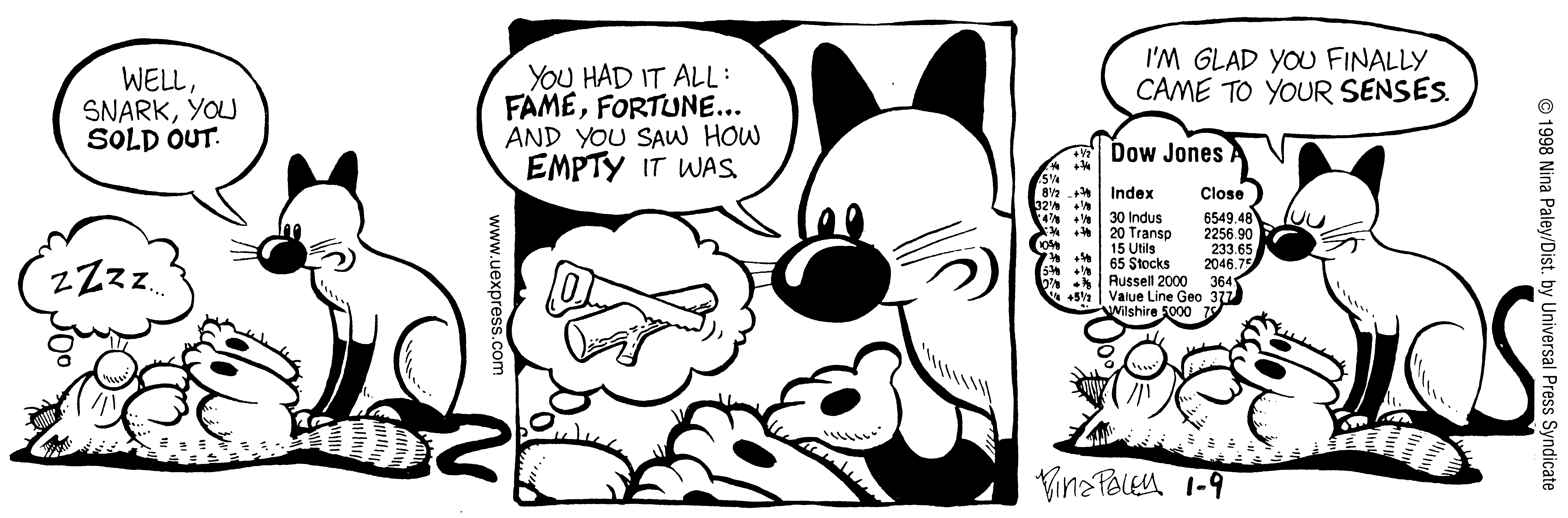 Fluff daily strip, Jan 9, 1998. Nina Paley, CC BY-SA 3.0 US. Print master from https://archive.org/details/FluffComicStrips (TIFF converted losslessly to PNG for the web).