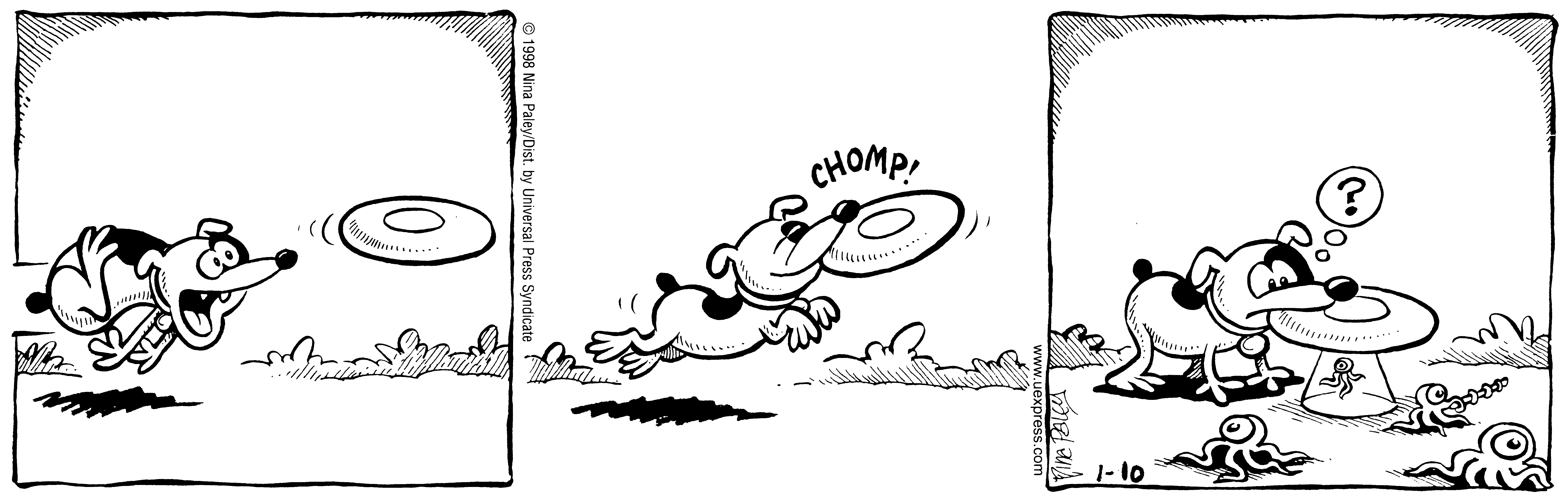 Fluff daily strip, Jan 10, 1998. Nina Paley, CC BY-SA 3.0 US. Print master from https://archive.org/details/FluffComicStrips (TIFF converted losslessly to PNG for the web).