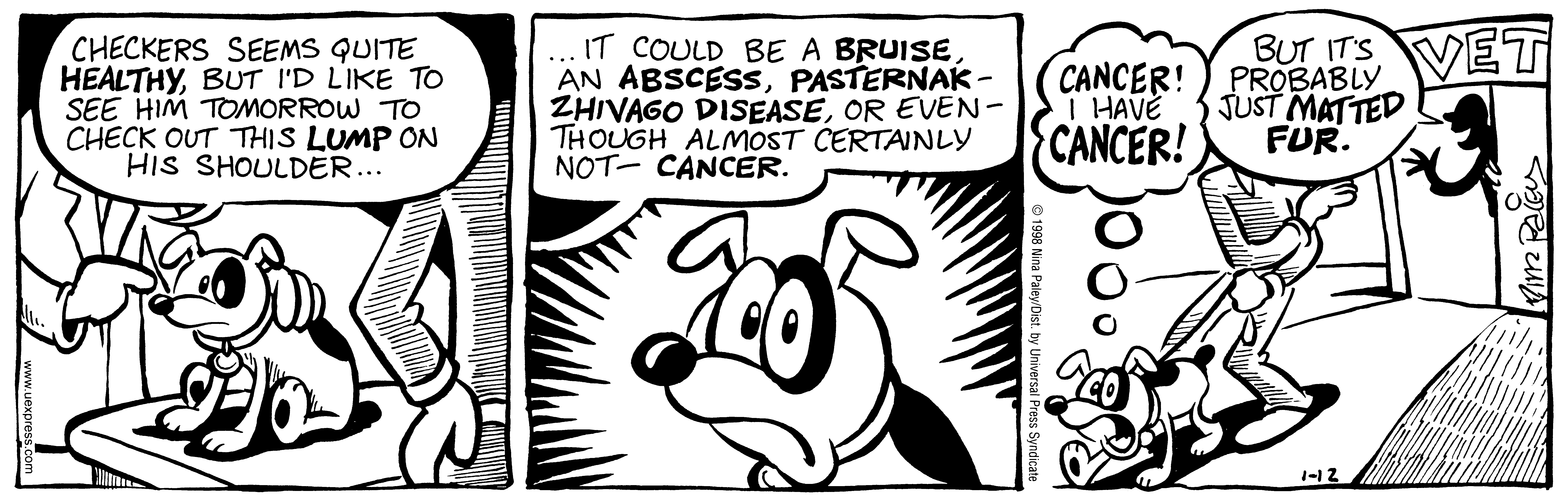 Fluff daily strip, Jan 12, 1998. Nina Paley, CC BY-SA 3.0 US. Print master from https://archive.org/details/FluffComicStrips (TIFF converted losslessly to PNG for the web).