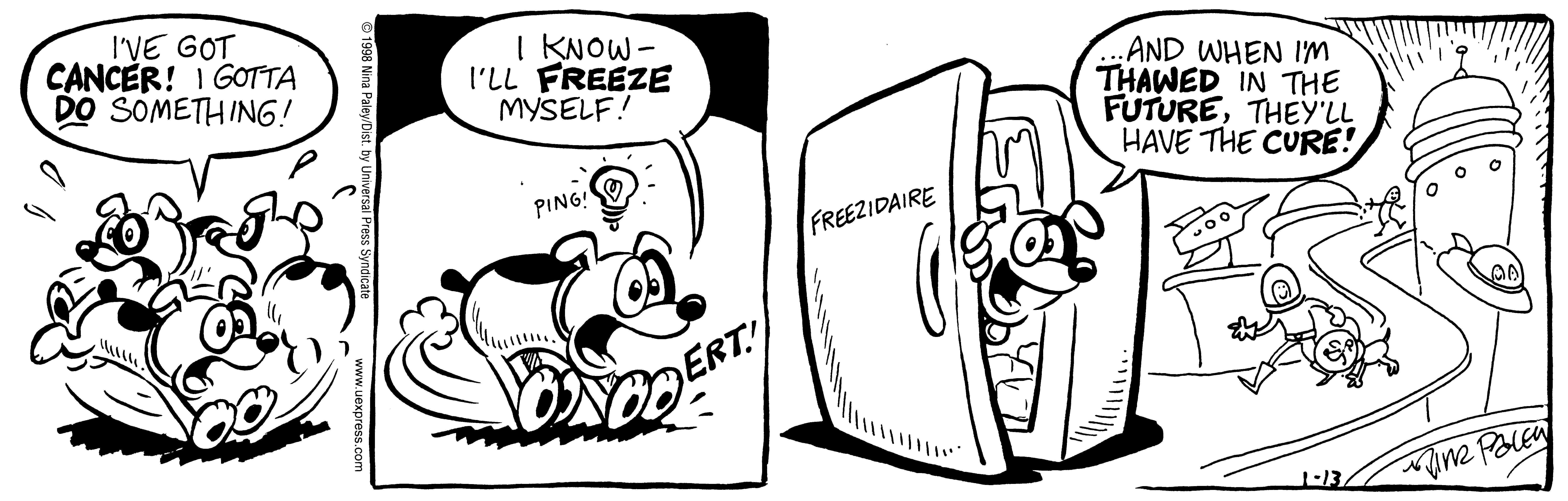 Fluff daily strip, Jan 13, 1998. Nina Paley, CC BY-SA 3.0 US. Print master from https://archive.org/details/FluffComicStrips (TIFF converted losslessly to PNG for the web).