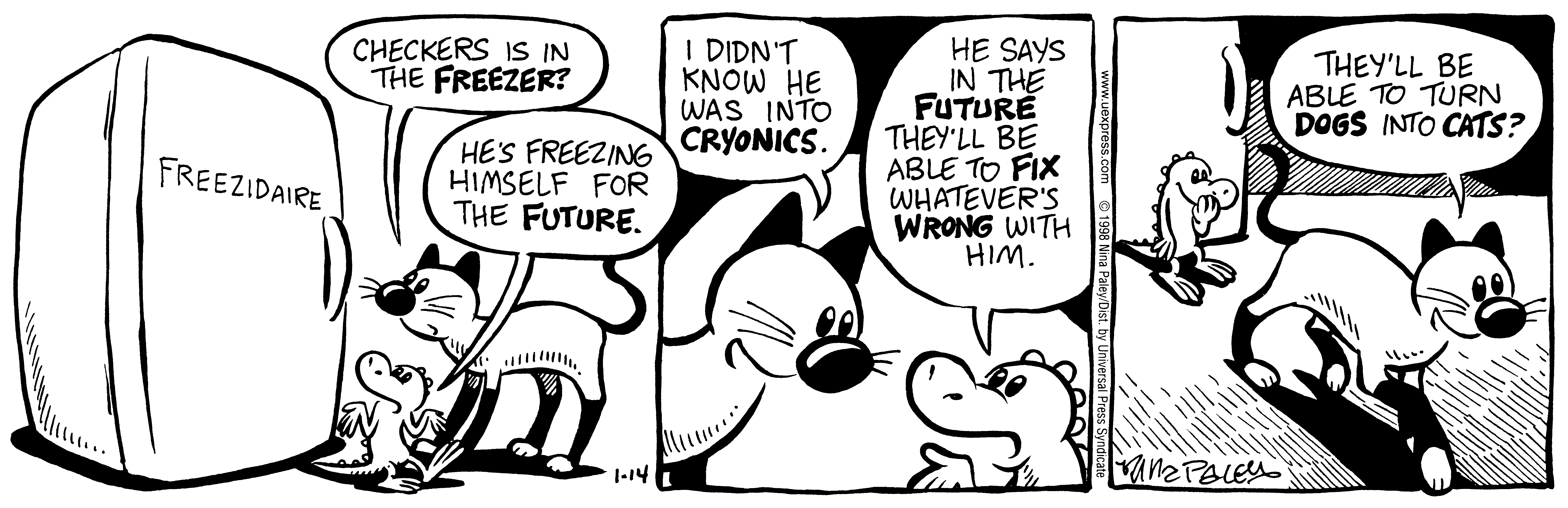 Fluff daily strip, Jan 14, 1998. Nina Paley, CC BY-SA 3.0 US. Print master from https://archive.org/details/FluffComicStrips (TIFF converted losslessly to PNG for the web).