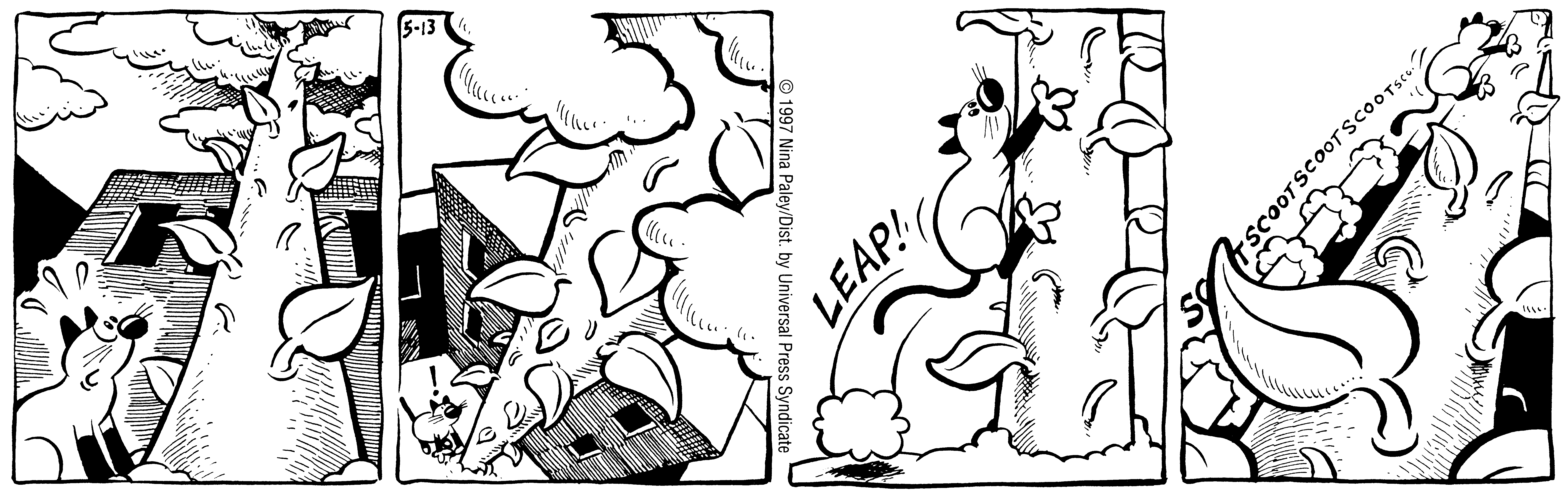 Fluff daily strip, May 13, 1997. Nina Paley, CC BY-SA 3.0 US. Print master from https://archive.org/details/FluffComicStrips (TIFF converted losslessly to PNG for the web).