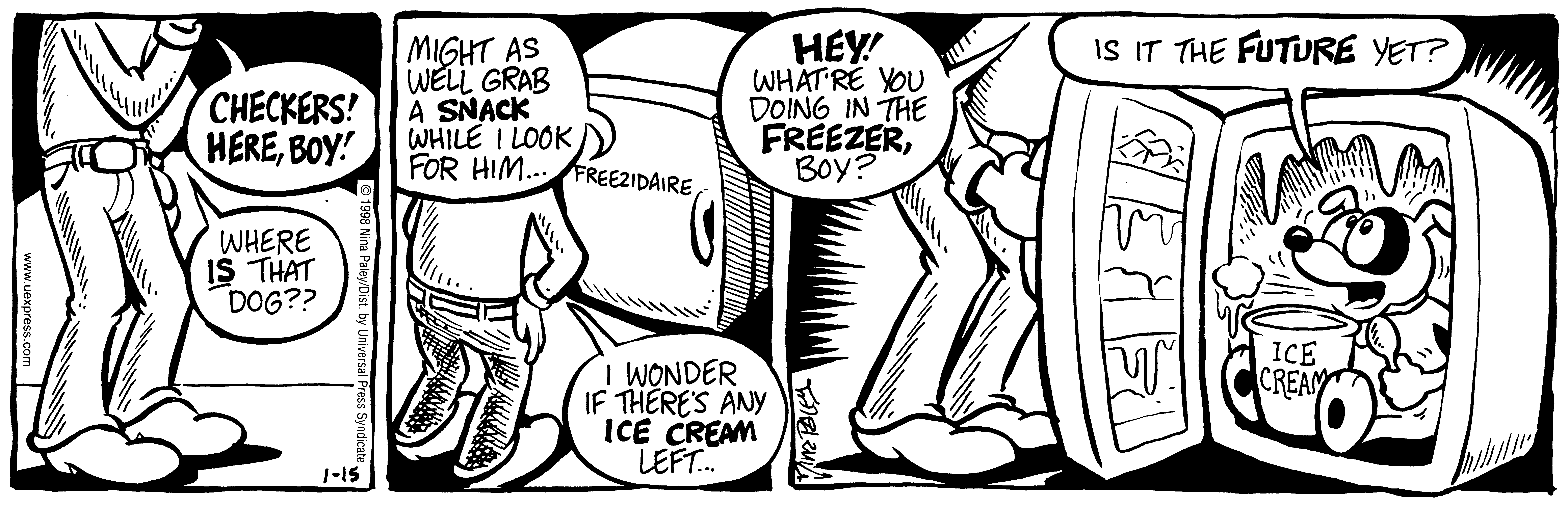 Fluff daily strip, Jan 15, 1998. Nina Paley, CC BY-SA 3.0 US. Print master from https://archive.org/details/FluffComicStrips (TIFF converted losslessly to PNG for the web).