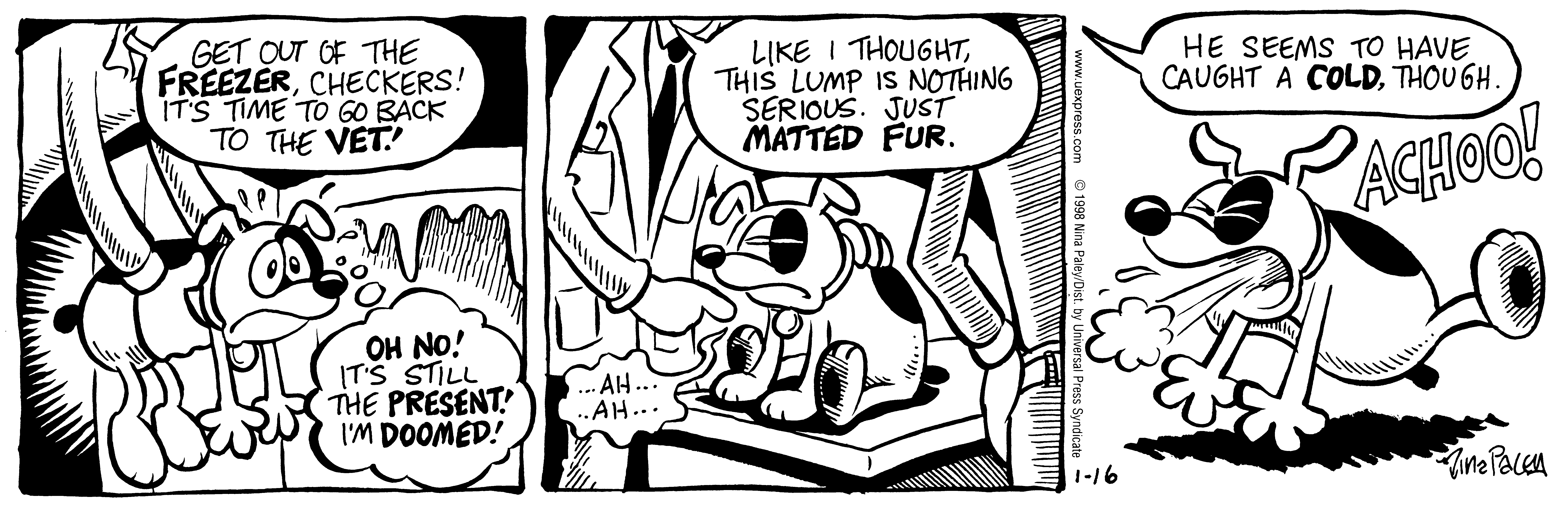 Fluff daily strip, Jan 16, 1998. Nina Paley, CC BY-SA 3.0 US. Print master from https://archive.org/details/FluffComicStrips (TIFF converted losslessly to PNG for the web).