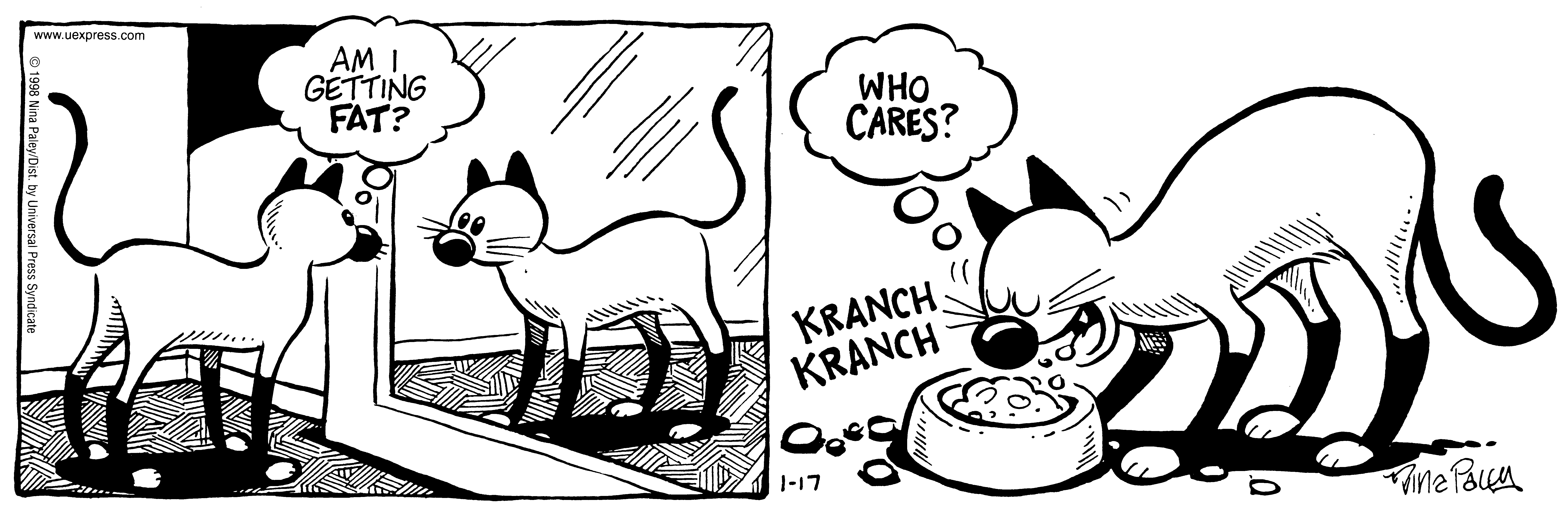 Fluff daily strip, Jan 17, 1998. Nina Paley, CC BY-SA 3.0 US. Print master from https://archive.org/details/FluffComicStrips (TIFF converted losslessly to PNG for the web).