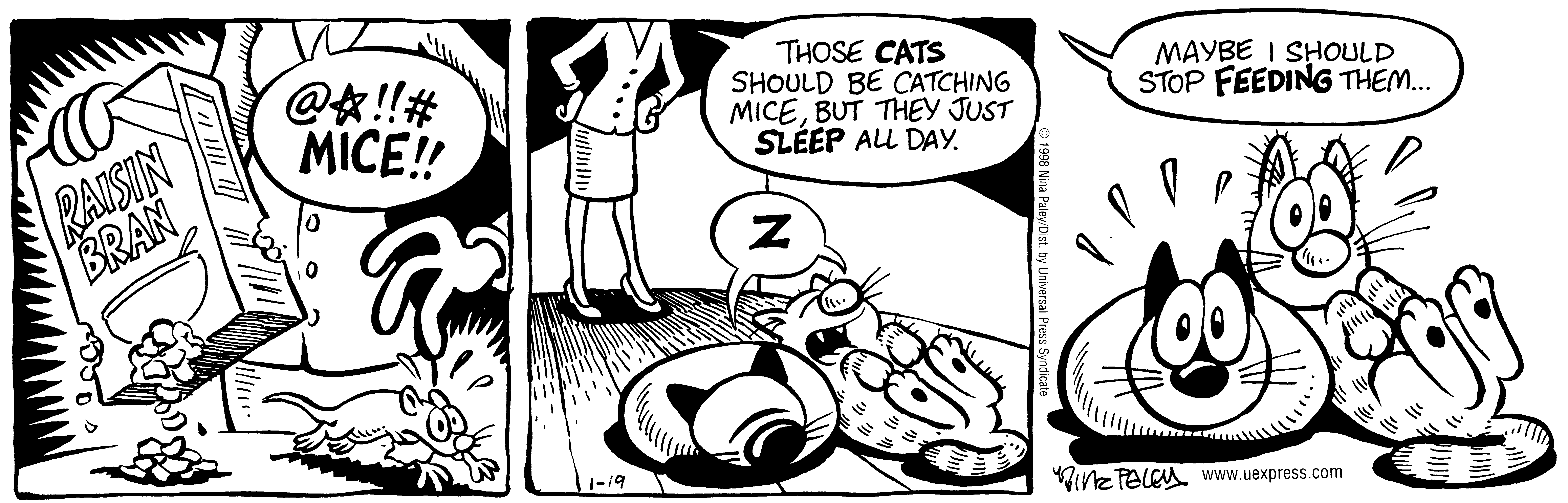 Fluff daily strip, Jan 19, 1998. Nina Paley, CC BY-SA 3.0 US. Print master from https://archive.org/details/FluffComicStrips (TIFF converted losslessly to PNG for the web).