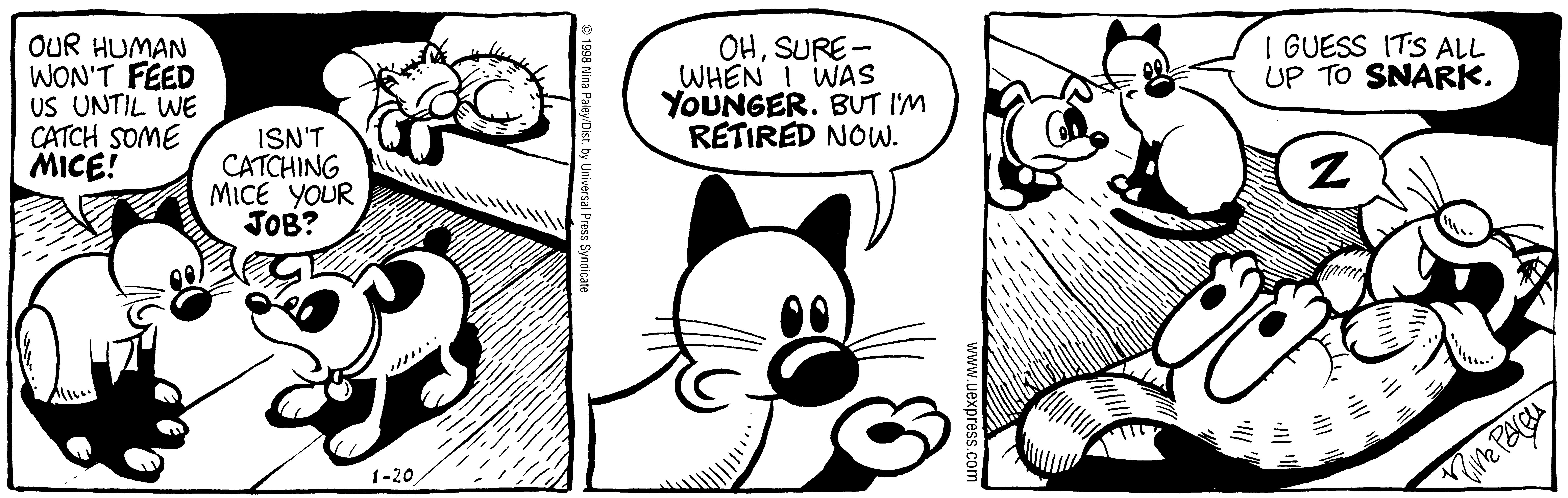 Fluff daily strip, Jan 20, 1998. Nina Paley, CC BY-SA 3.0 US. Print master from https://archive.org/details/FluffComicStrips (TIFF converted losslessly to PNG for the web).