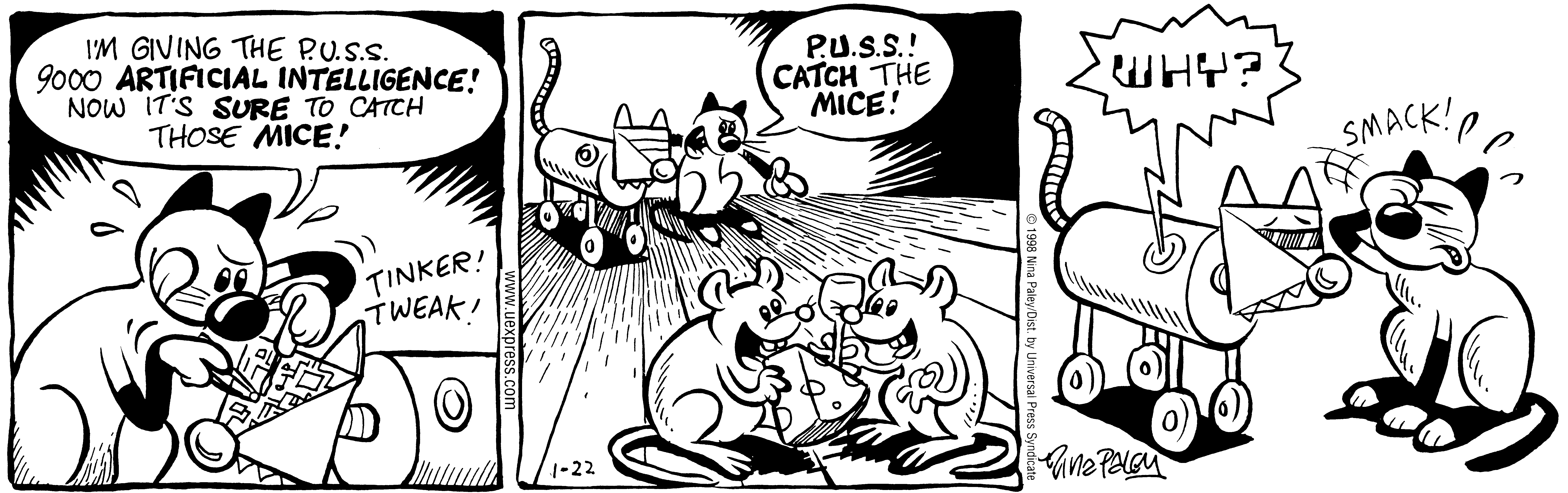 Fluff daily strip, Jan 22, 1998. Nina Paley, CC BY-SA 3.0 US. Print master from https://archive.org/details/FluffComicStrips (TIFF converted losslessly to PNG for the web).