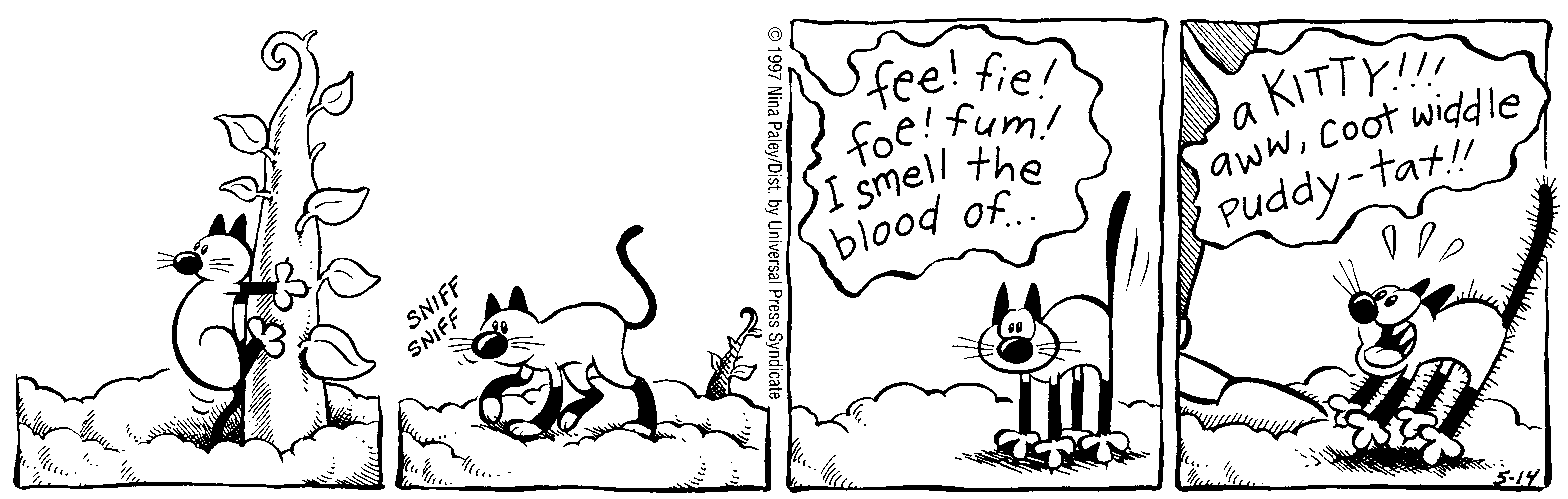 Fluff daily strip, May 14, 1997. Nina Paley, CC BY-SA 3.0 US. Print master from https://archive.org/details/FluffComicStrips (TIFF converted losslessly to PNG for the web).