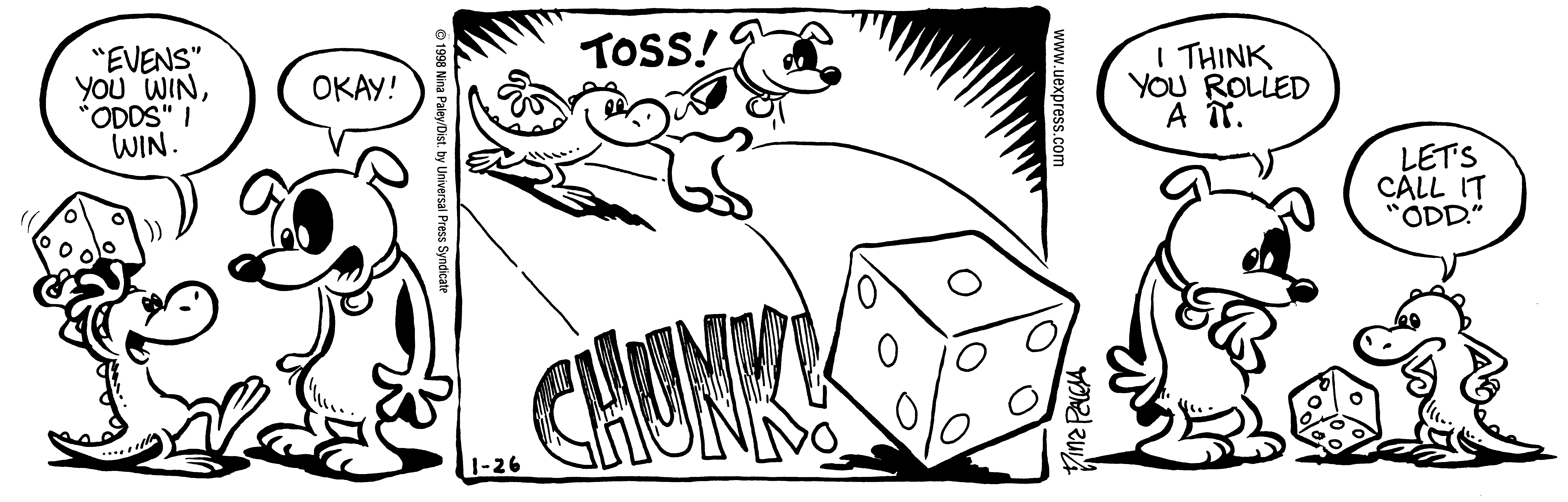 Fluff daily strip, Jan 26, 1998. Nina Paley, CC BY-SA 3.0 US. Print master from https://archive.org/details/FluffComicStrips (TIFF converted losslessly to PNG for the web).