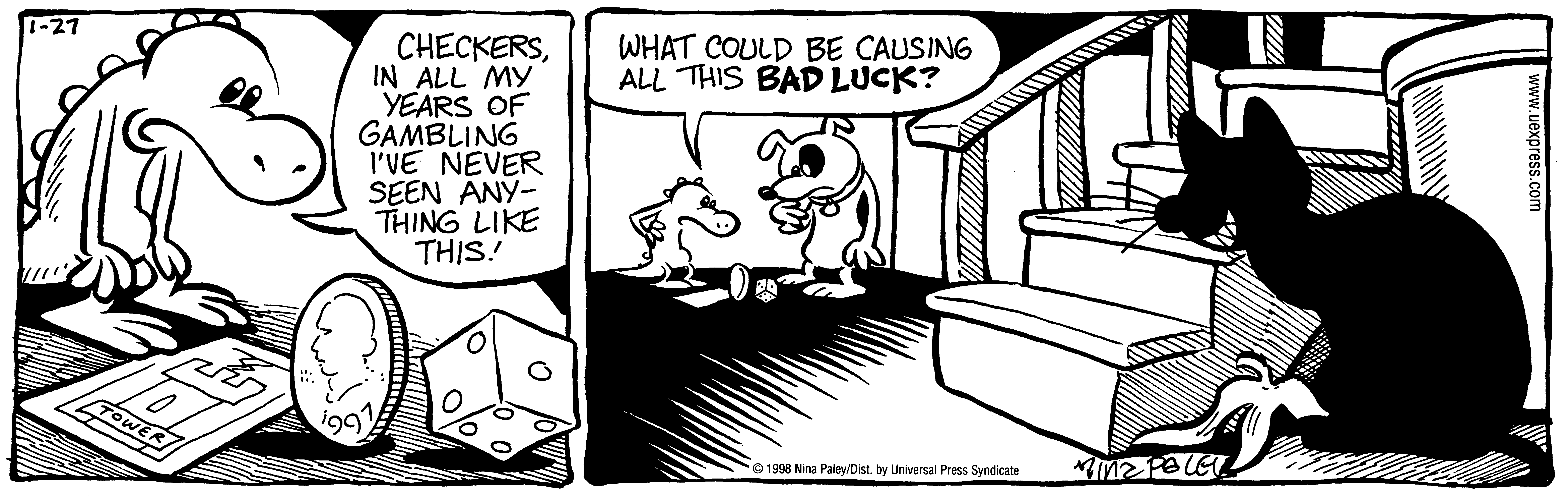 Fluff daily strip, Jan 27, 1998. Nina Paley, CC BY-SA 3.0 US. Print master from https://archive.org/details/FluffComicStrips (TIFF converted losslessly to PNG for the web).