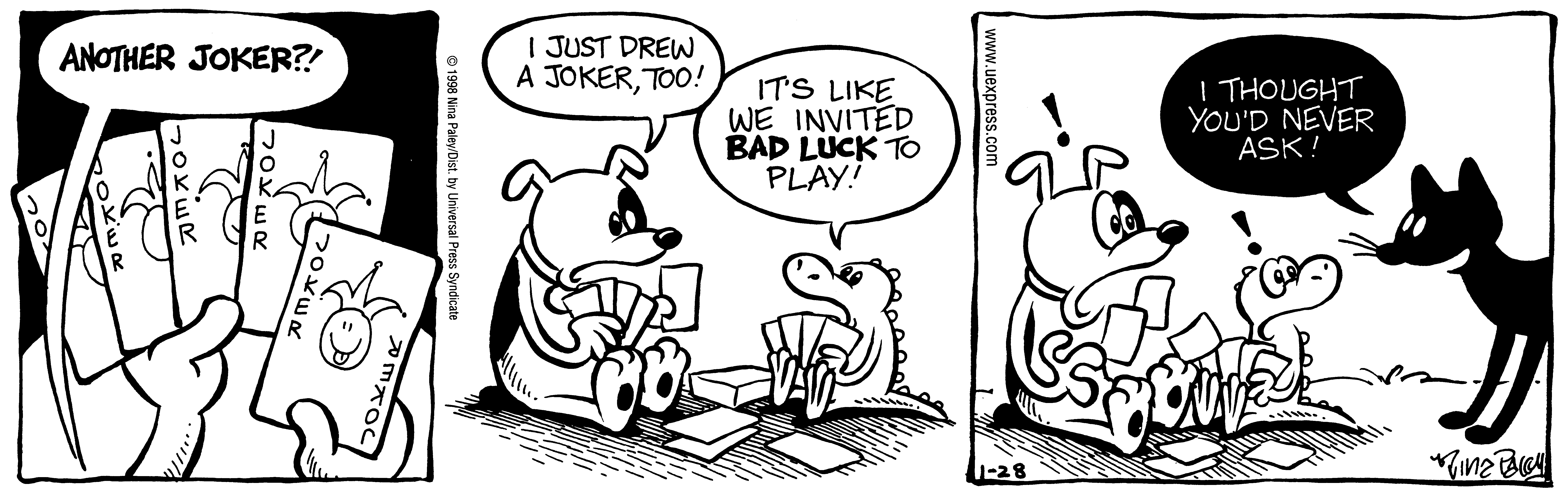 Fluff daily strip, Jan 28, 1998. Nina Paley, CC BY-SA 3.0 US. Print master from https://archive.org/details/FluffComicStrips (TIFF converted losslessly to PNG for the web).