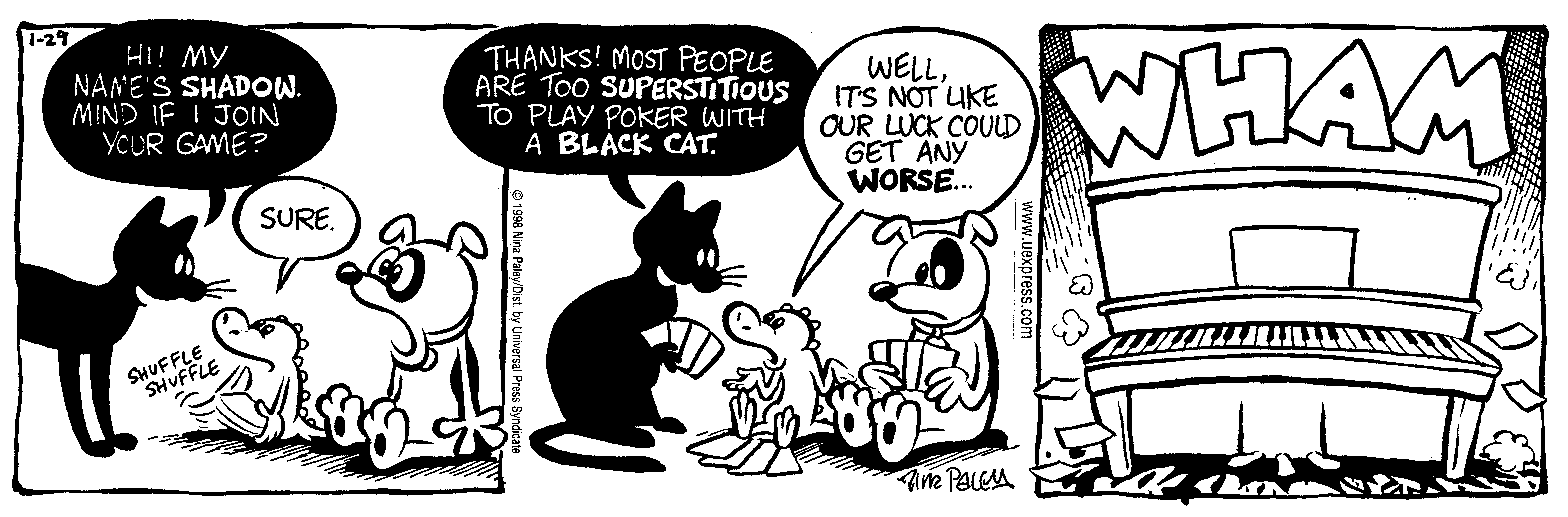 Fluff daily strip, Jan 29, 1998. Nina Paley, CC BY-SA 3.0 US. Print master from https://archive.org/details/FluffComicStrips (TIFF converted losslessly to PNG for the web).
