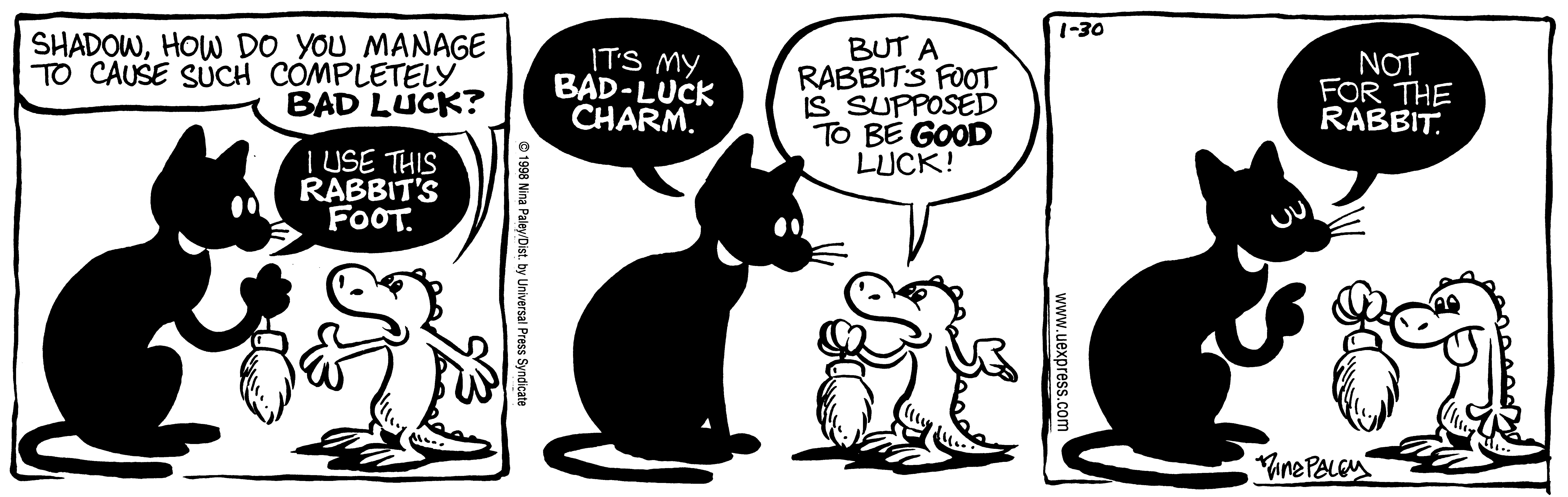 Fluff daily strip, Jan 30, 1998. Nina Paley, CC BY-SA 3.0 US. Print master from https://archive.org/details/FluffComicStrips (TIFF converted losslessly to PNG for the web).