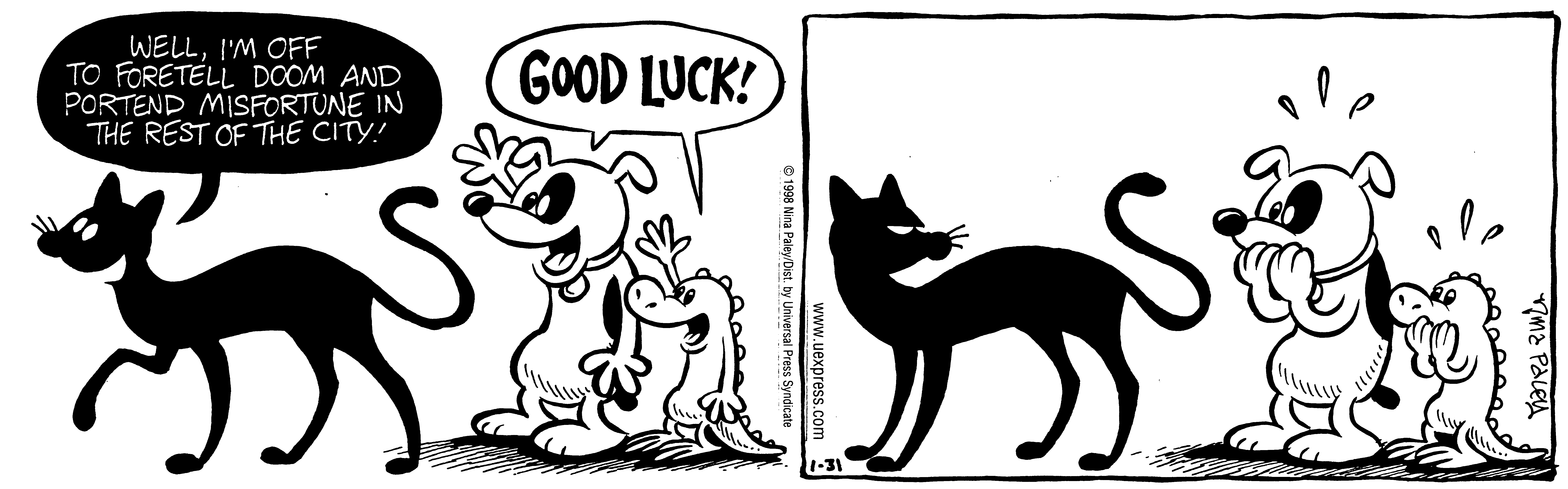 Fluff daily strip, Jan 31, 1998. Nina Paley, CC BY-SA 3.0 US. Print master from https://archive.org/details/FluffComicStrips (TIFF converted losslessly to PNG for the web).