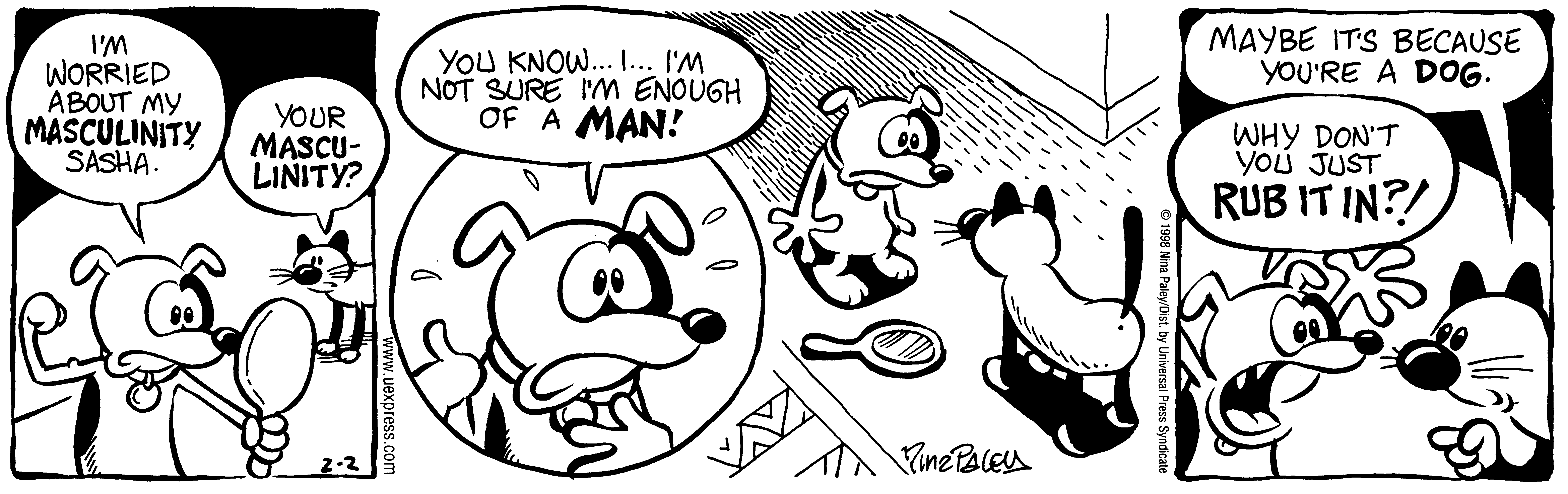 Fluff daily strip, Feb 2, 1998. Nina Paley, CC BY-SA 3.0 US. Print master from https://archive.org/details/FluffComicStrips (TIFF converted losslessly to PNG for the web).