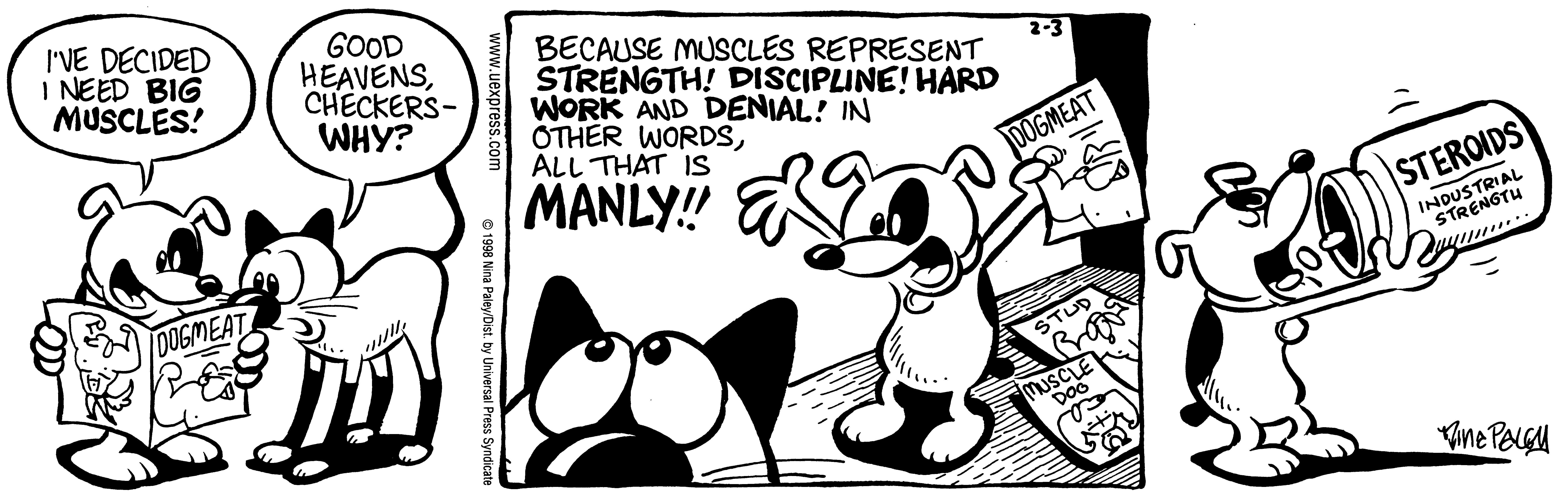 Fluff daily strip, Feb 3, 1998. Nina Paley, CC BY-SA 3.0 US. Print master from https://archive.org/details/FluffComicStrips (TIFF converted losslessly to PNG for the web).