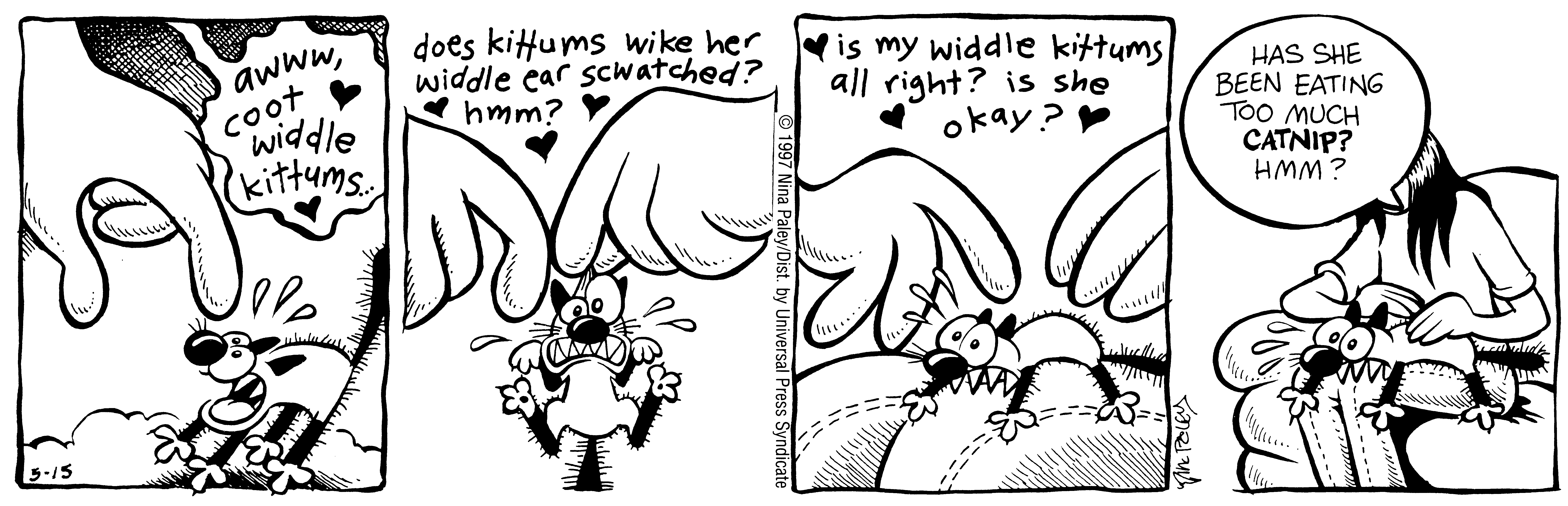Fluff daily strip, May 15, 1997. Nina Paley, CC BY-SA 3.0 US. Print master from https://archive.org/details/FluffComicStrips (TIFF converted losslessly to PNG for the web).