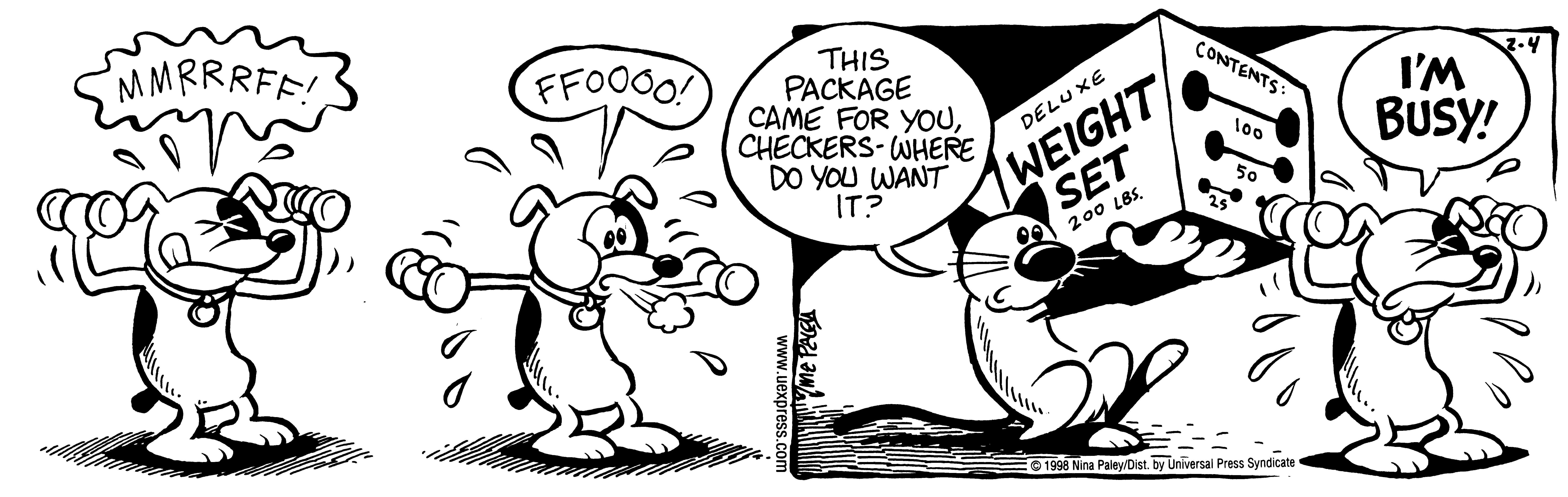Fluff daily strip, Feb 4, 1998. Nina Paley, CC BY-SA 3.0 US. Print master from https://archive.org/details/FluffComicStrips (TIFF converted losslessly to PNG for the web).