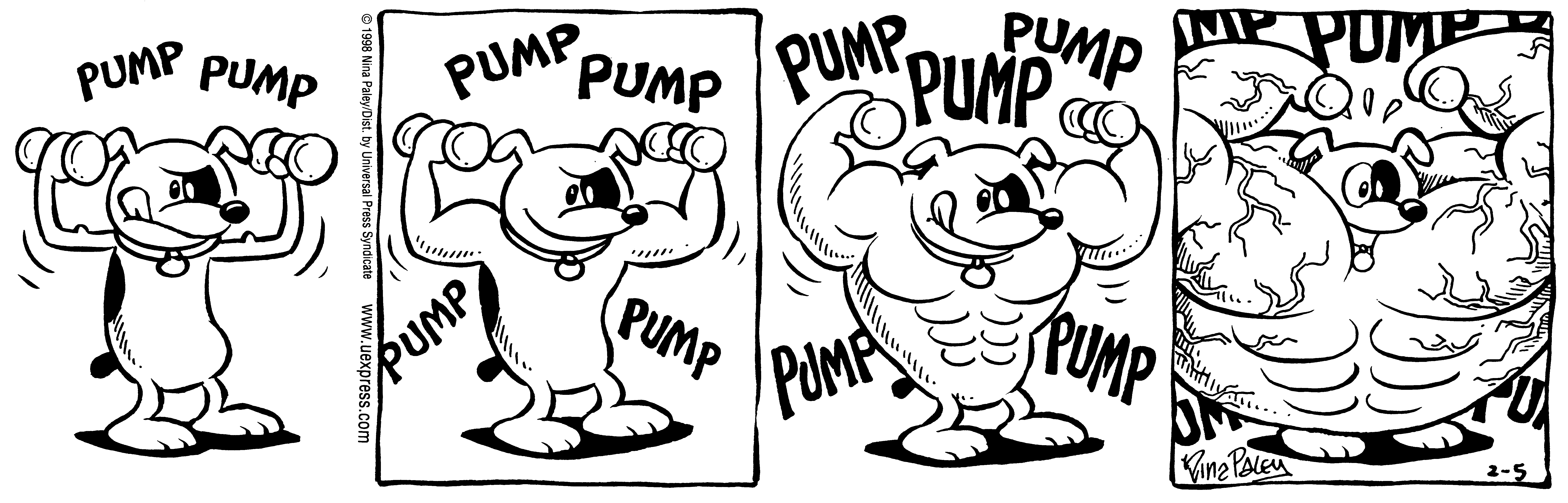 Fluff daily strip, Feb 5, 1998. Nina Paley, CC BY-SA 3.0 US. Print master from https://archive.org/details/FluffComicStrips (TIFF converted losslessly to PNG for the web).