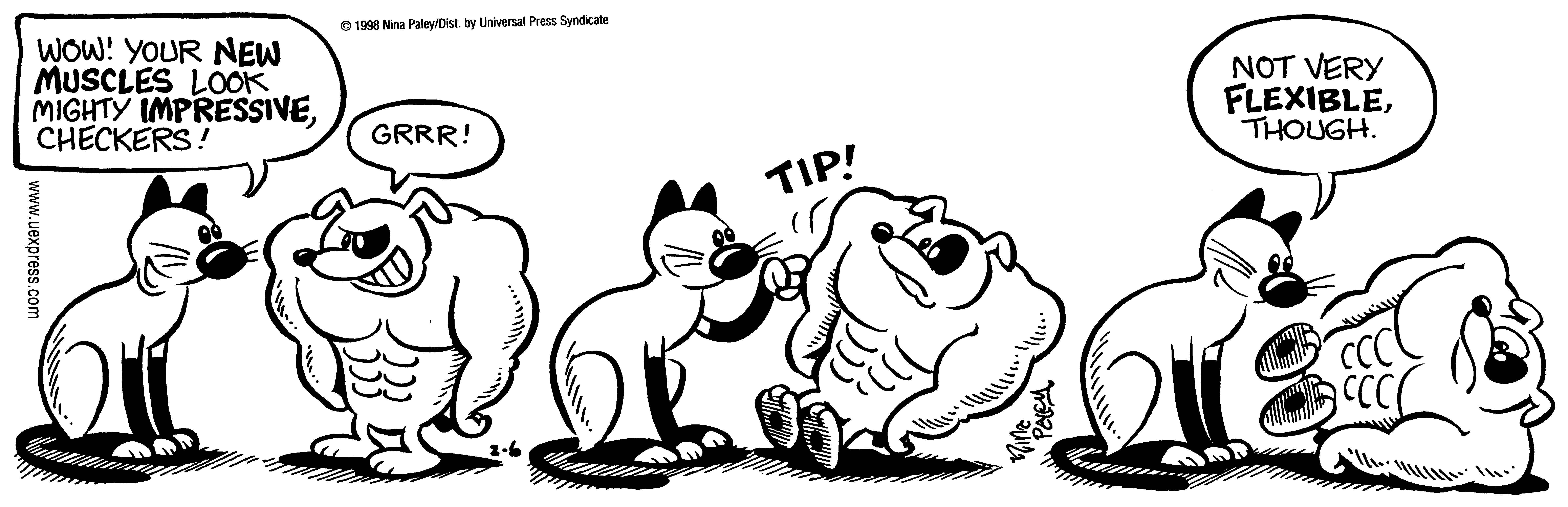 Fluff daily strip, Feb 6, 1998. Nina Paley, CC BY-SA 3.0 US. Print master from https://archive.org/details/FluffComicStrips (TIFF converted losslessly to PNG for the web).
