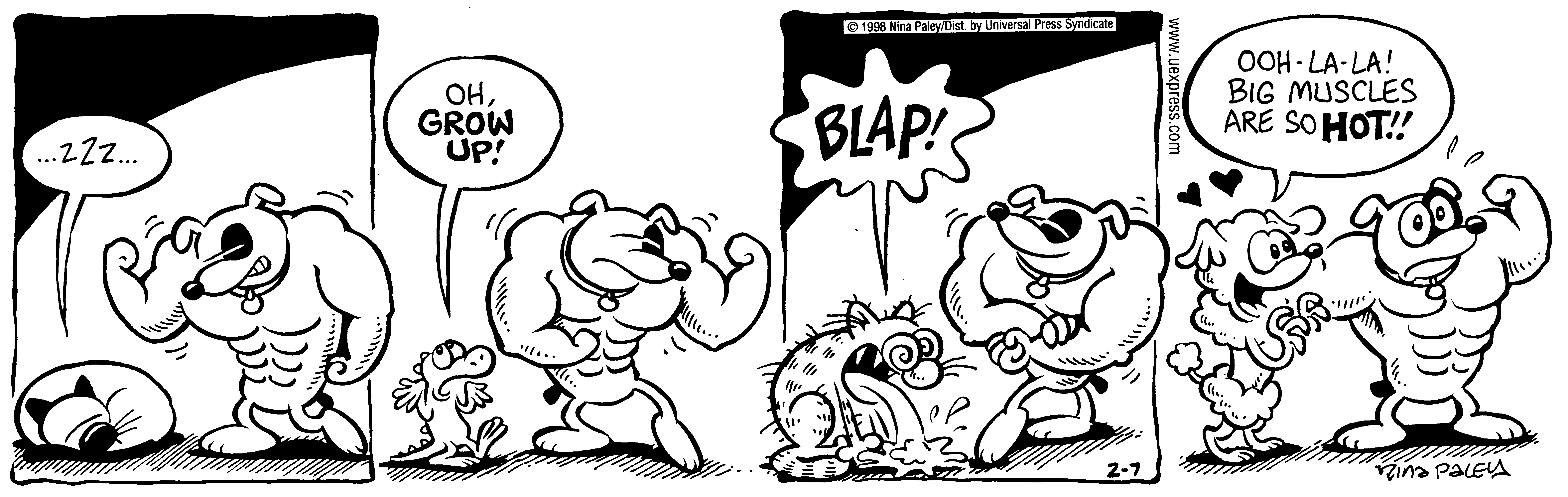 Fluff daily strip, Feb 7, 1998. Nina Paley, CC BY-SA 3.0 US. Print master from https://archive.org/details/FluffComicStrips (TIFF converted losslessly to PNG for the web).
