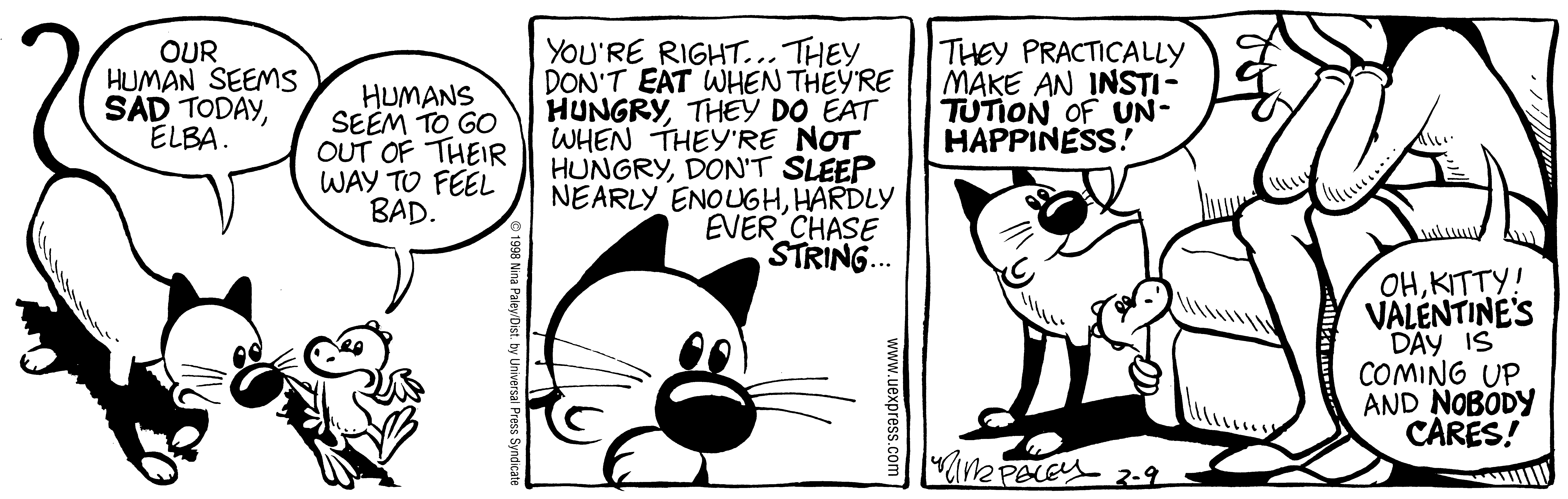 Fluff daily strip, Feb 9, 1998. Nina Paley, CC BY-SA 3.0 US. Print master from https://archive.org/details/FluffComicStrips (TIFF converted losslessly to PNG for the web).