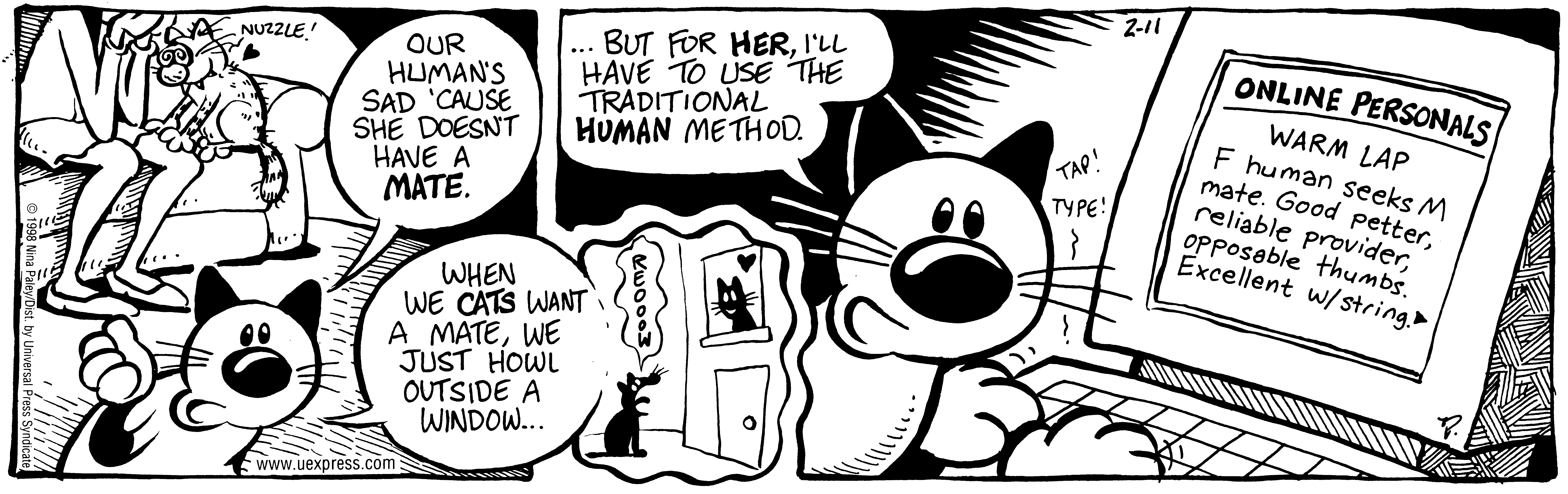 Fluff daily strip, Feb 11, 1998. Nina Paley, CC BY-SA 3.0 US. Print master from https://archive.org/details/FluffComicStrips (TIFF converted losslessly to PNG for the web).