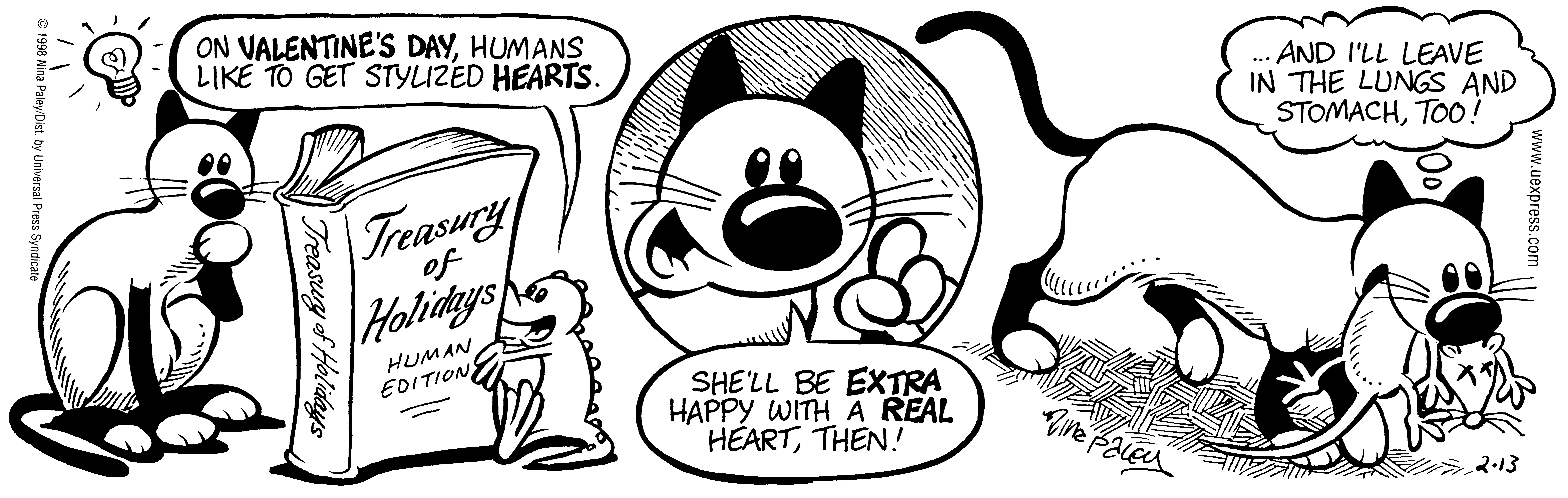 Fluff daily strip, Feb 13, 1998. Nina Paley, CC BY-SA 3.0 US. Print master from https://archive.org/details/FluffComicStrips (TIFF converted losslessly to PNG for the web).