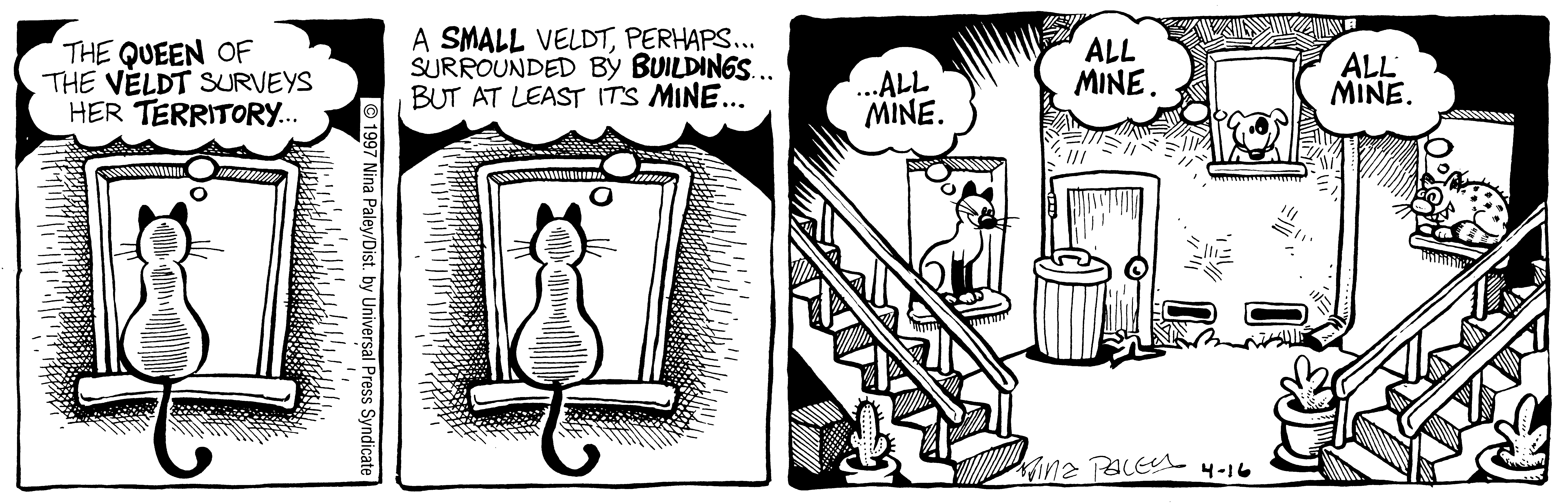 Fluff daily strip, Apr 16, 1997. Nina Paley, CC BY-SA 3.0 US. Print master from https://archive.org/details/FluffComicStrips (TIFF converted losslessly to PNG for the web).
