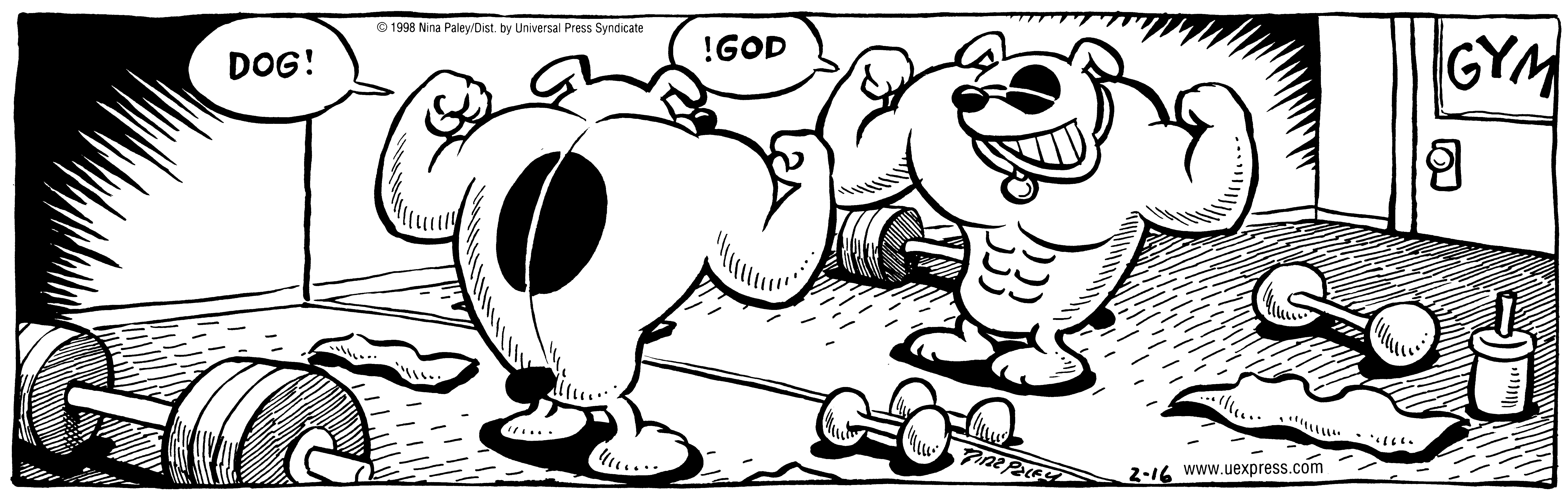 Fluff daily strip, Feb 16, 1998. Nina Paley, CC BY-SA 3.0 US. Print master from https://archive.org/details/FluffComicStrips (TIFF converted losslessly to PNG for the web).