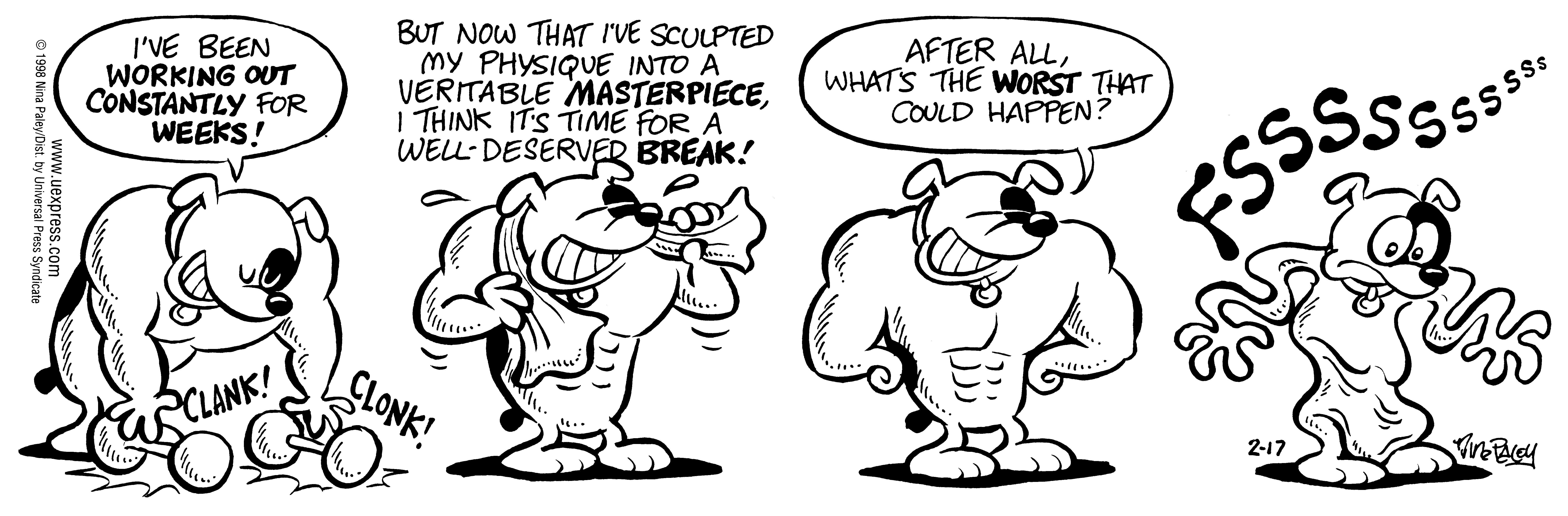 Fluff daily strip, Feb 17, 1998. Nina Paley, CC BY-SA 3.0 US. Print master from https://archive.org/details/FluffComicStrips (TIFF converted losslessly to PNG for the web).