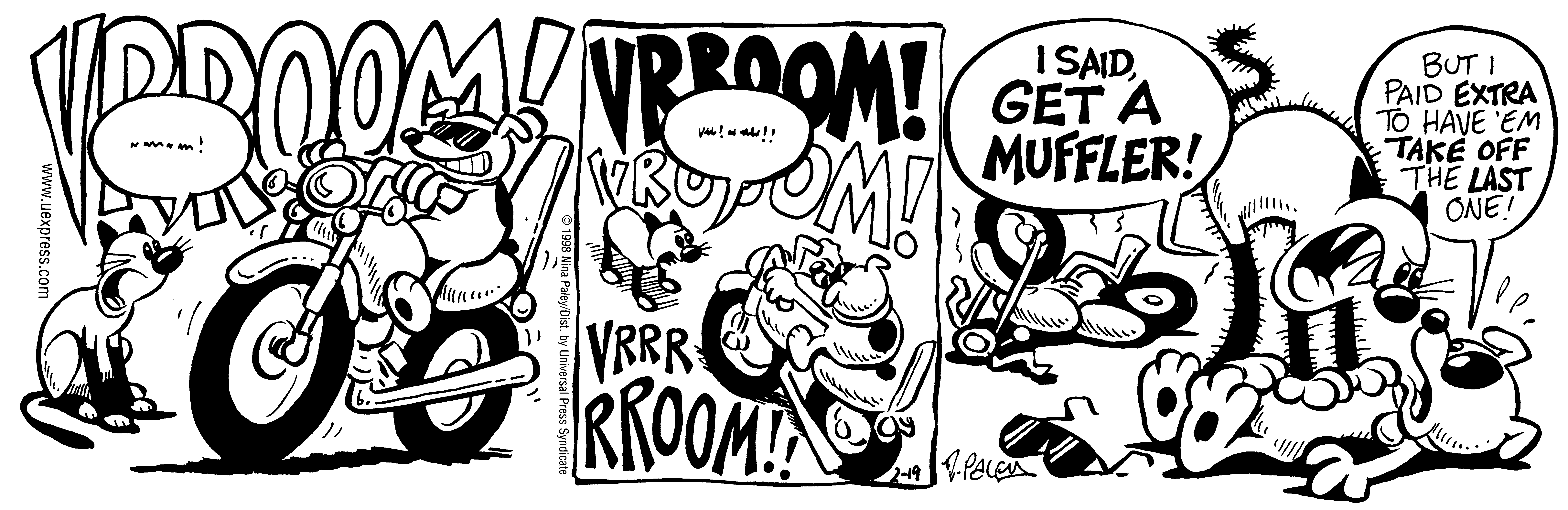 Fluff daily strip, Feb 19, 1998. Nina Paley, CC BY-SA 3.0 US. Print master from https://archive.org/details/FluffComicStrips (TIFF converted losslessly to PNG for the web).