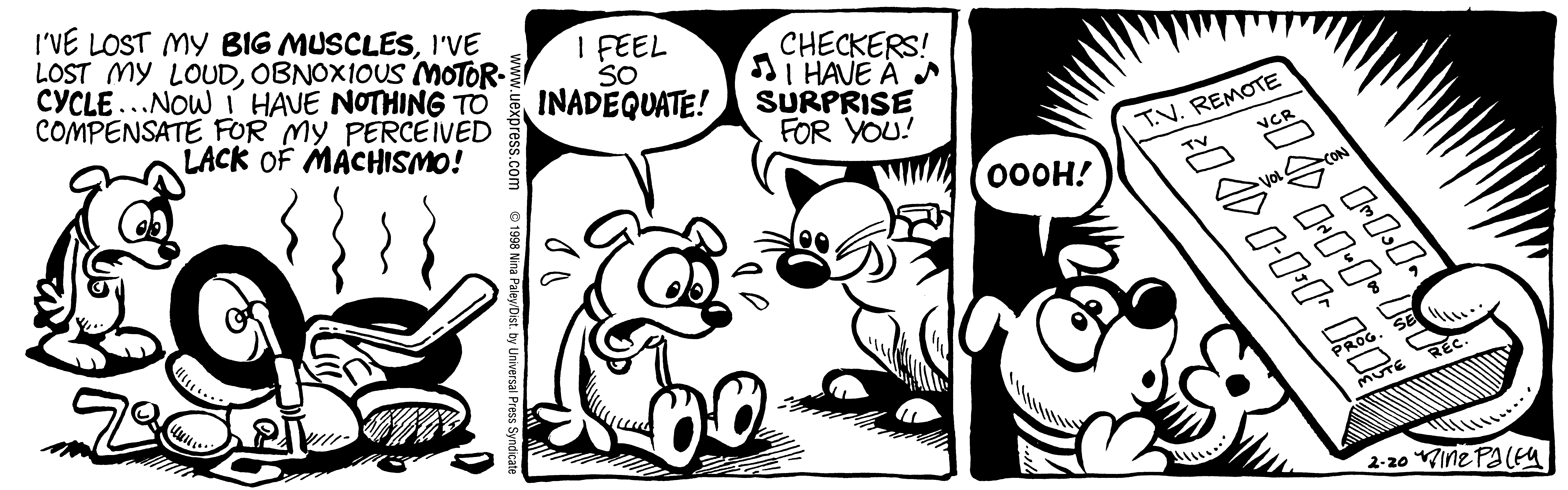 Fluff daily strip, Feb 20, 1998. Nina Paley, CC BY-SA 3.0 US. Print master from https://archive.org/details/FluffComicStrips (TIFF converted losslessly to PNG for the web).