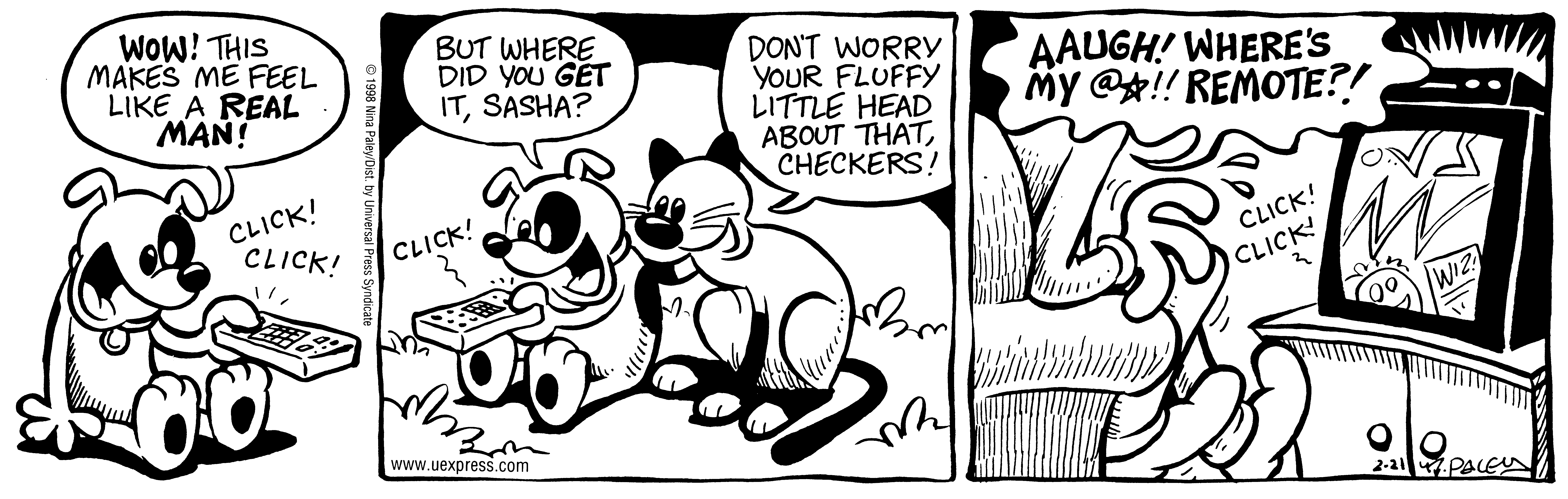 Fluff daily strip, Feb 21, 1998. Nina Paley, CC BY-SA 3.0 US. Print master from https://archive.org/details/FluffComicStrips (TIFF converted losslessly to PNG for the web).