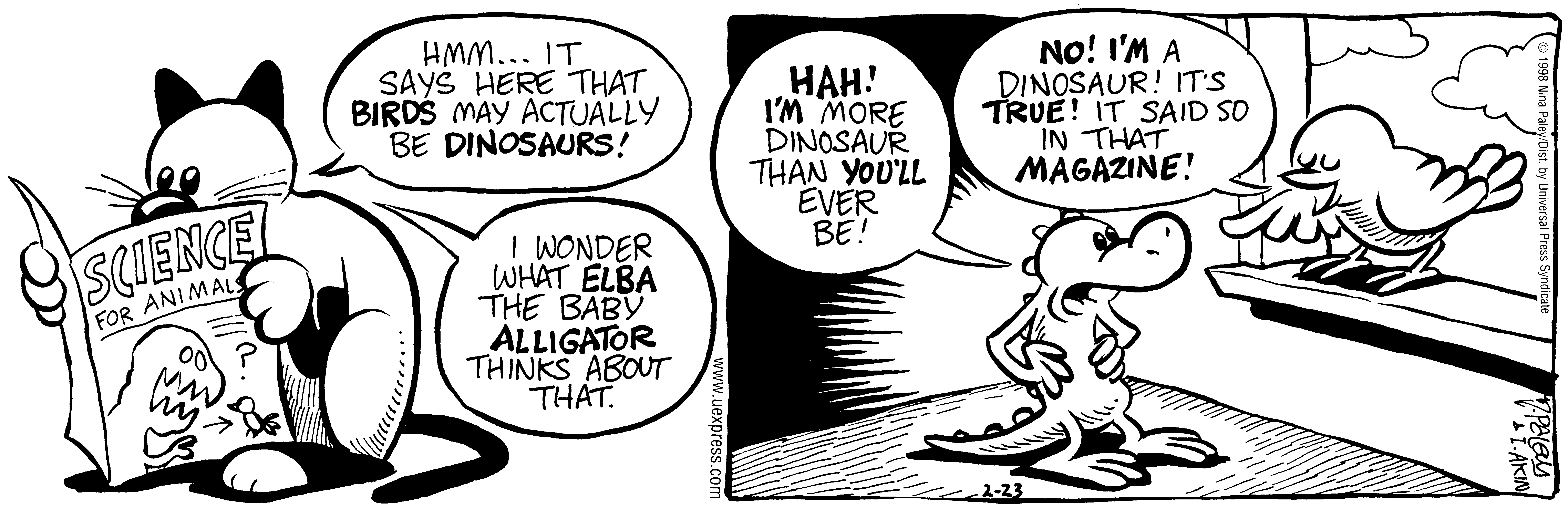Fluff daily strip, Feb 23, 1998. Nina Paley, CC BY-SA 3.0 US. Print master from https://archive.org/details/FluffComicStrips (TIFF converted losslessly to PNG for the web).