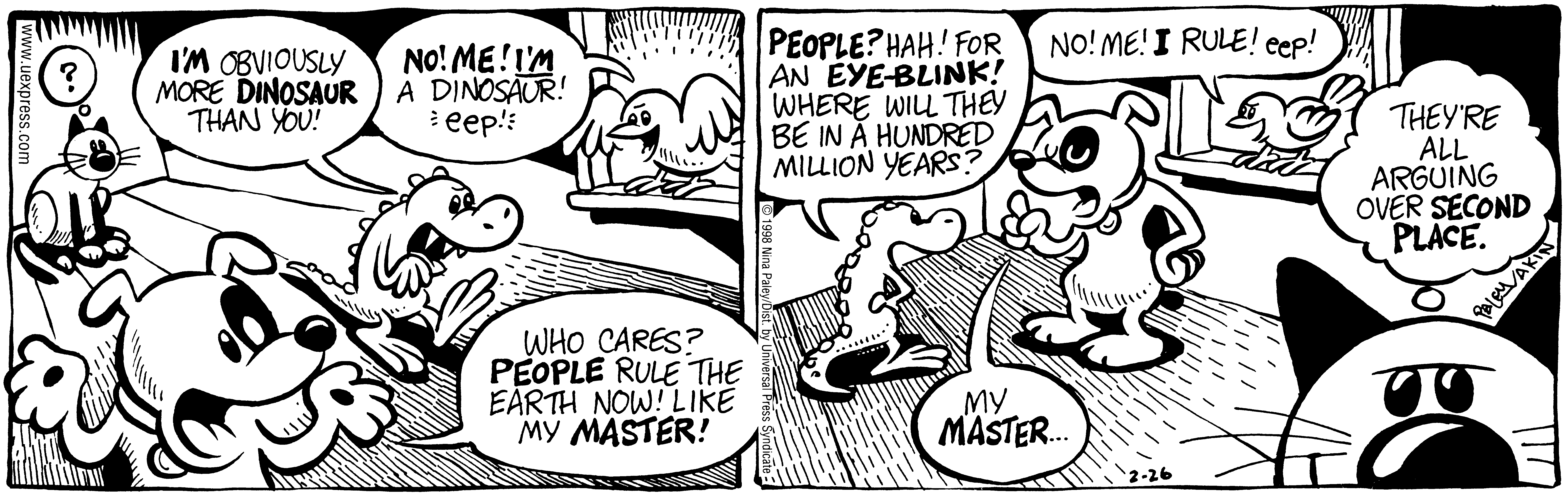 Fluff daily strip, Feb 26, 1998. Nina Paley, CC BY-SA 3.0 US. Print master from https://archive.org/details/FluffComicStrips (TIFF converted losslessly to PNG for the web).