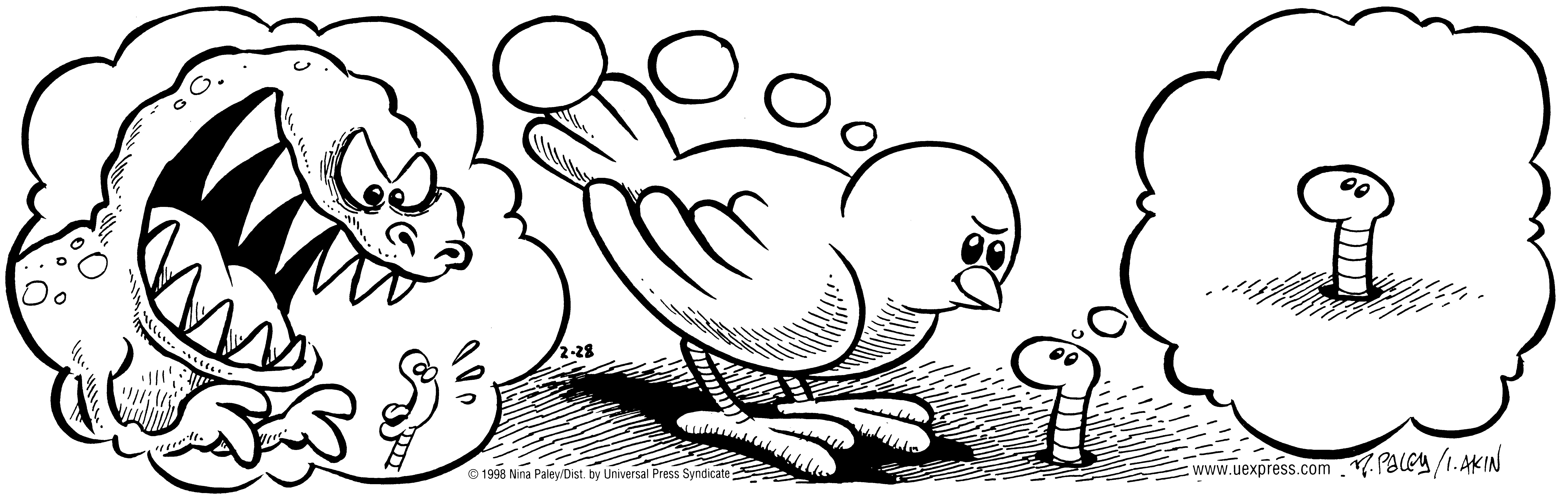 Fluff daily strip, Feb 28, 1998. Nina Paley, CC BY-SA 3.0 US. Print master from https://archive.org/details/FluffComicStrips (TIFF converted losslessly to PNG for the web).
