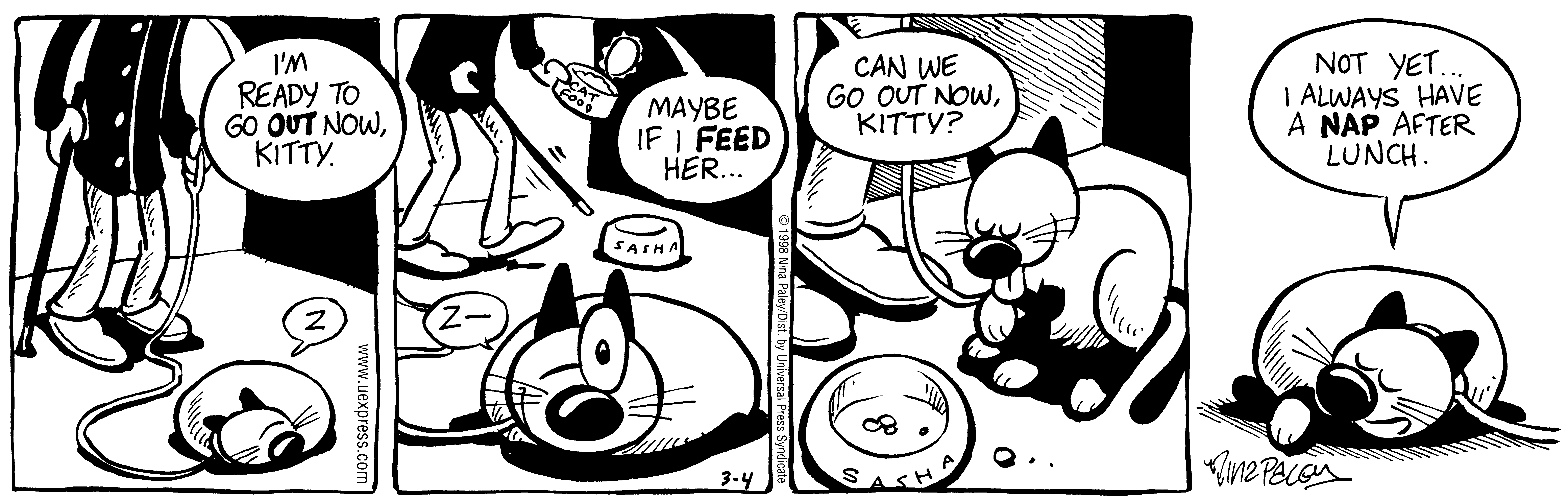 Fluff daily strip, Mar 4, 1998. Nina Paley, CC BY-SA 3.0 US. Print master from https://archive.org/details/FluffComicStrips (TIFF converted losslessly to PNG for the web).