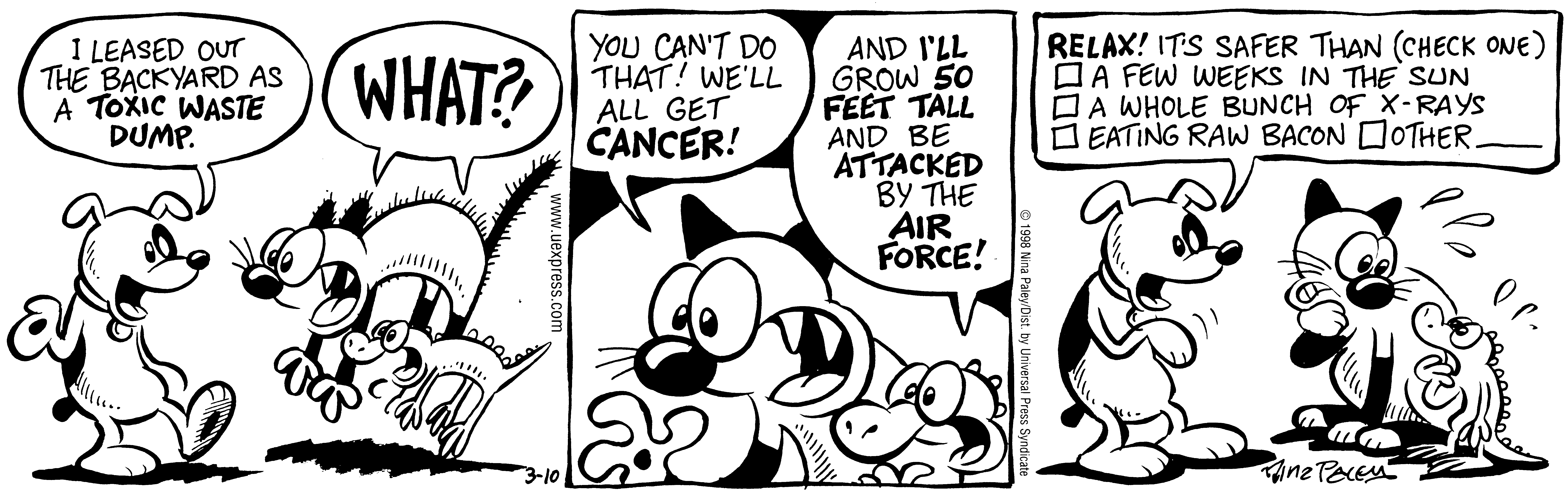 Fluff daily strip, Mar 10, 1998. Nina Paley, CC BY-SA 3.0 US. Print master from https://archive.org/details/FluffComicStrips (TIFF converted losslessly to PNG for the web).