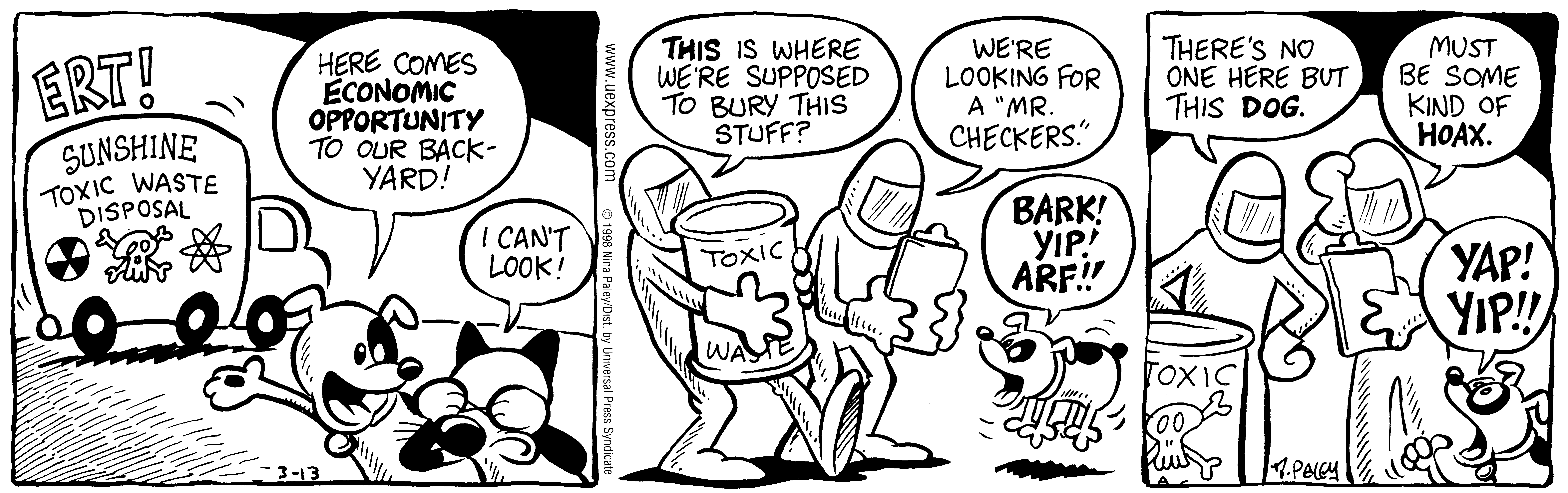 Fluff daily strip, Mar 13, 1998. Nina Paley, CC BY-SA 3.0 US. Print master from https://archive.org/details/FluffComicStrips (TIFF converted losslessly to PNG for the web).