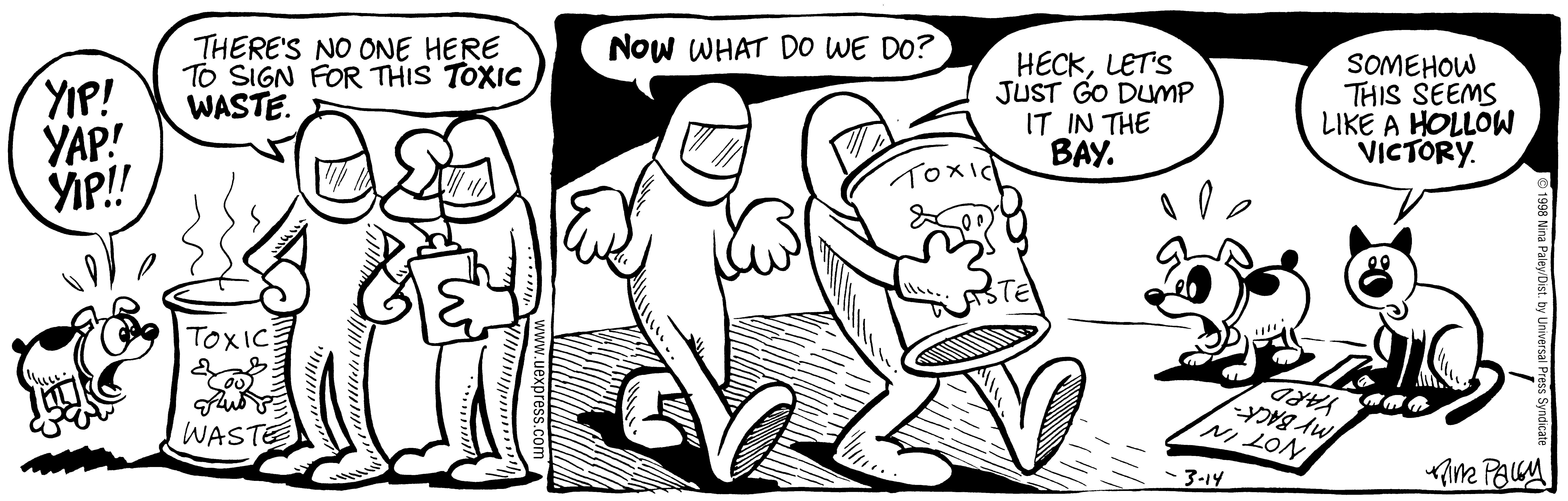 Fluff daily strip, Mar 14, 1998. Nina Paley, CC BY-SA 3.0 US. Print master from https://archive.org/details/FluffComicStrips (TIFF converted losslessly to PNG for the web).