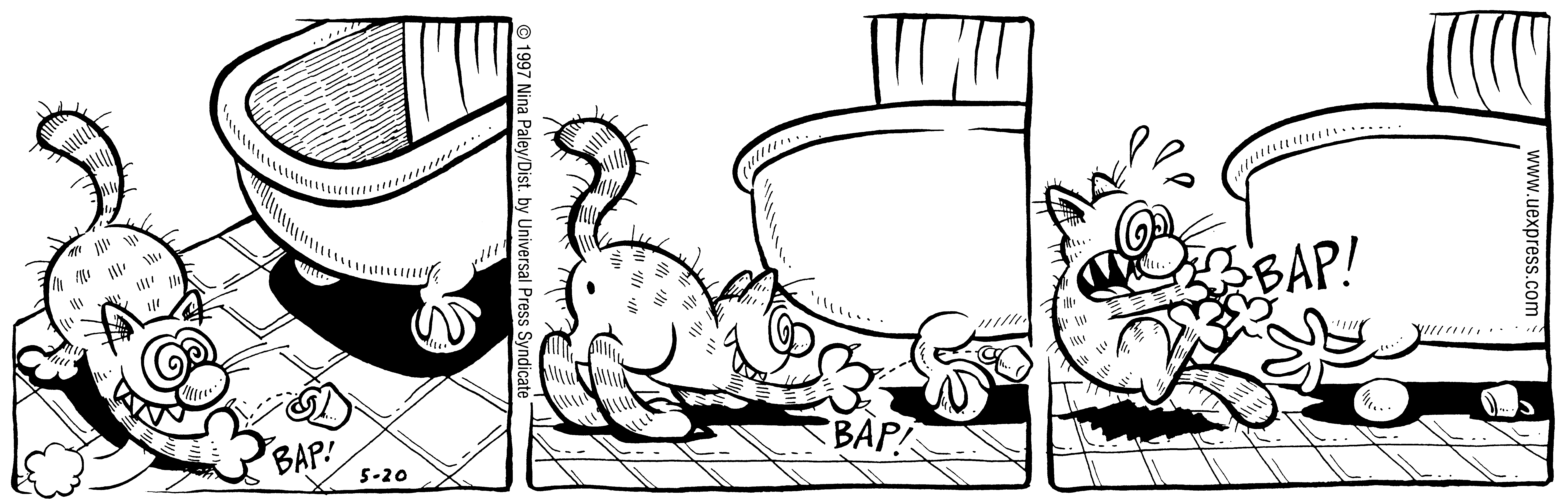 Fluff daily strip, May 20, 1997. Nina Paley, CC BY-SA 3.0 US. Print master from https://archive.org/details/FluffComicStrips (TIFF converted losslessly to PNG for the web).