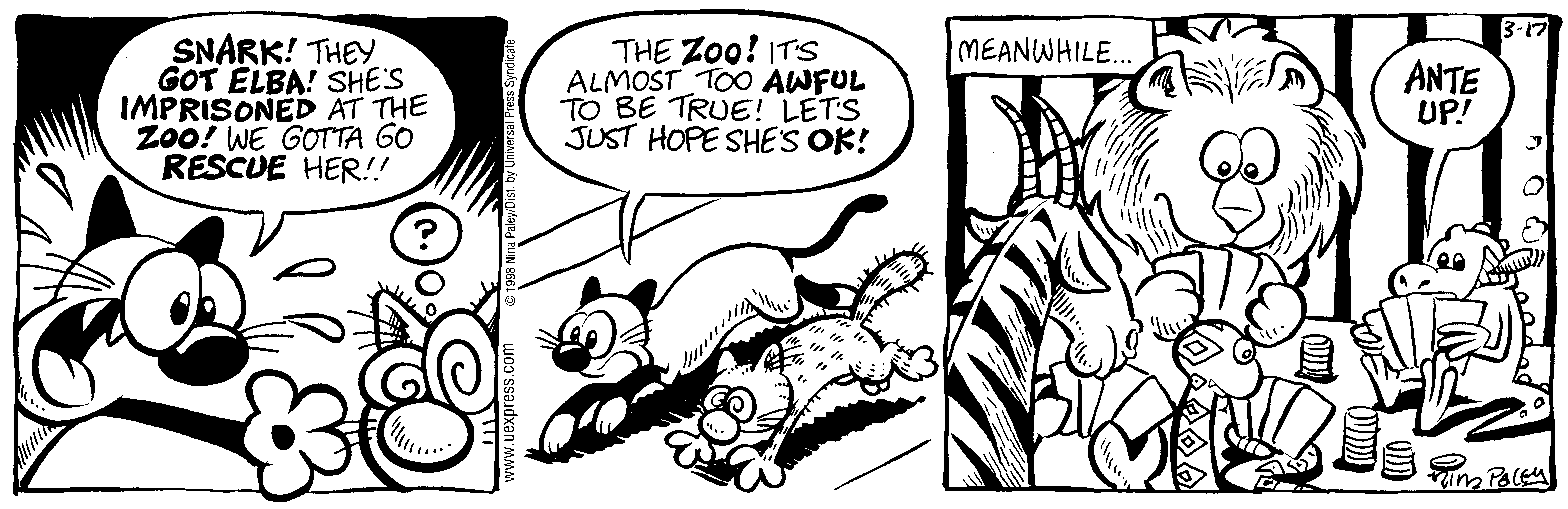 Fluff daily strip, Mar 17, 1998. Nina Paley, CC BY-SA 3.0 US. Print master from https://archive.org/details/FluffComicStrips (TIFF converted losslessly to PNG for the web).