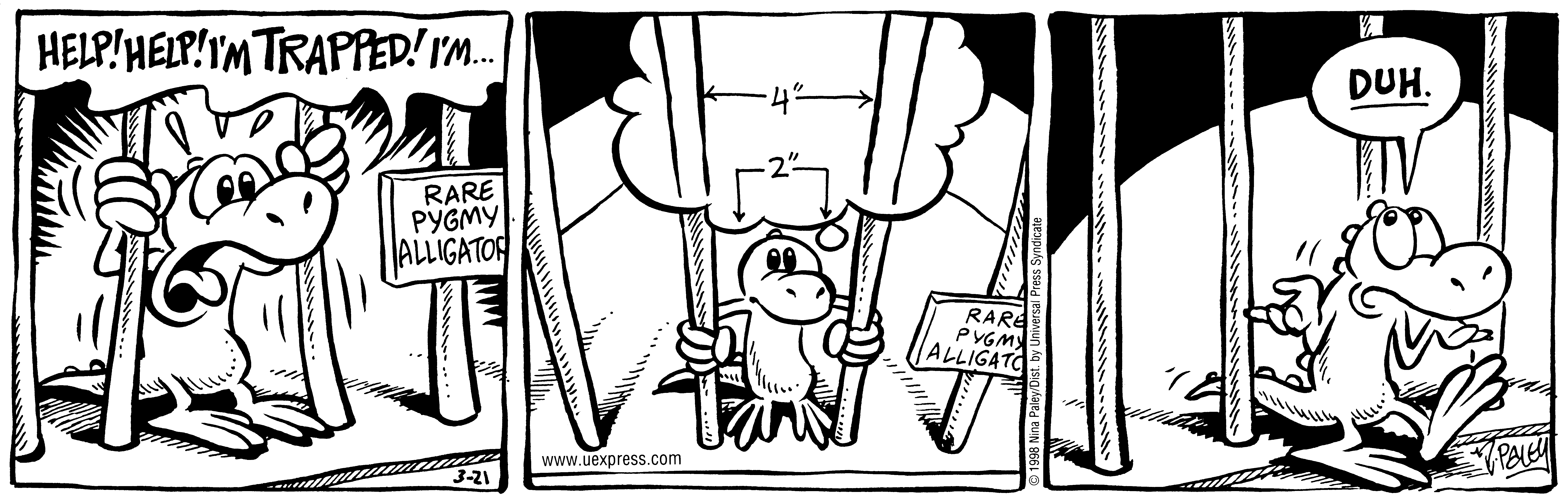 Fluff daily strip, Mar 21, 1998. Nina Paley, CC BY-SA 3.0 US. Print master from https://archive.org/details/FluffComicStrips (TIFF converted losslessly to PNG for the web).