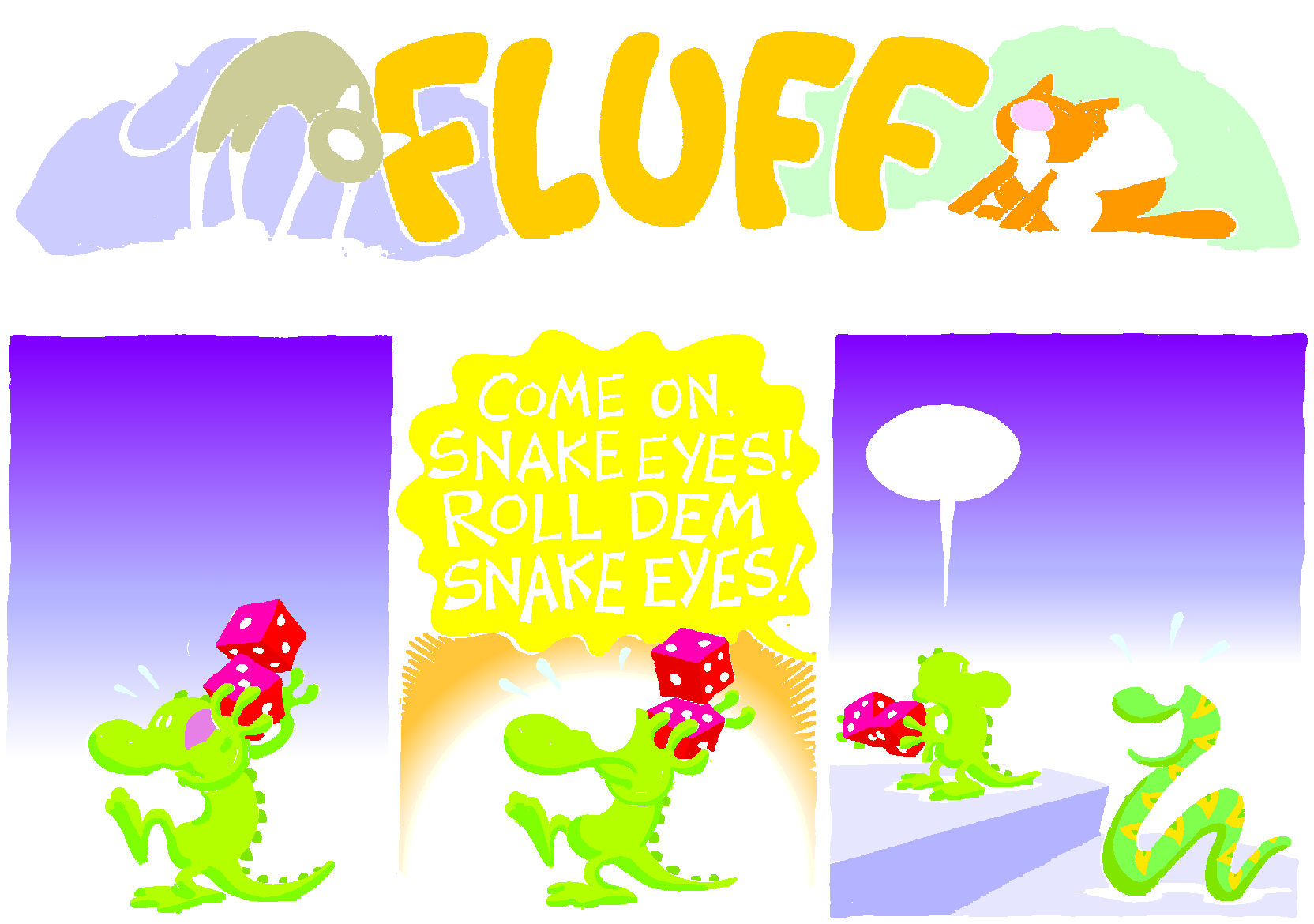 Fluff sunday strip, Mar 22, 1998. Nina Paley, CC BY-SA 3.0 US. Print master from https://archive.org/details/FluffComicStrips (TIFF converted losslessly to PNG for the web).