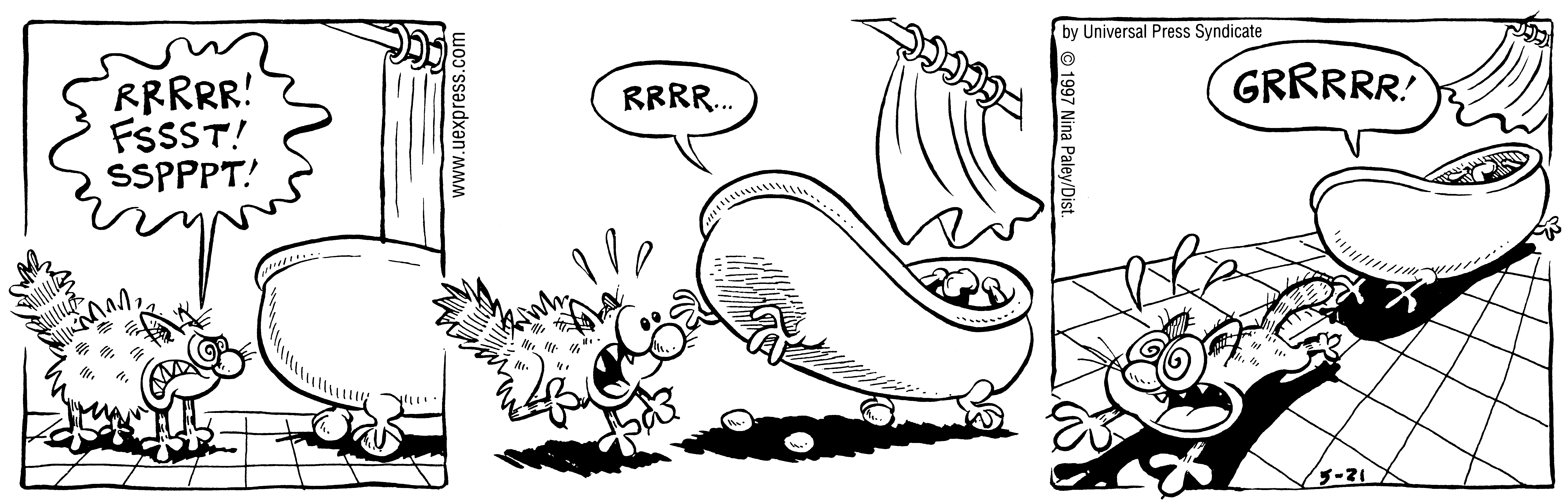 Fluff daily strip, May 21, 1997. Nina Paley, CC BY-SA 3.0 US. Print master from https://archive.org/details/FluffComicStrips (TIFF converted losslessly to PNG for the web).